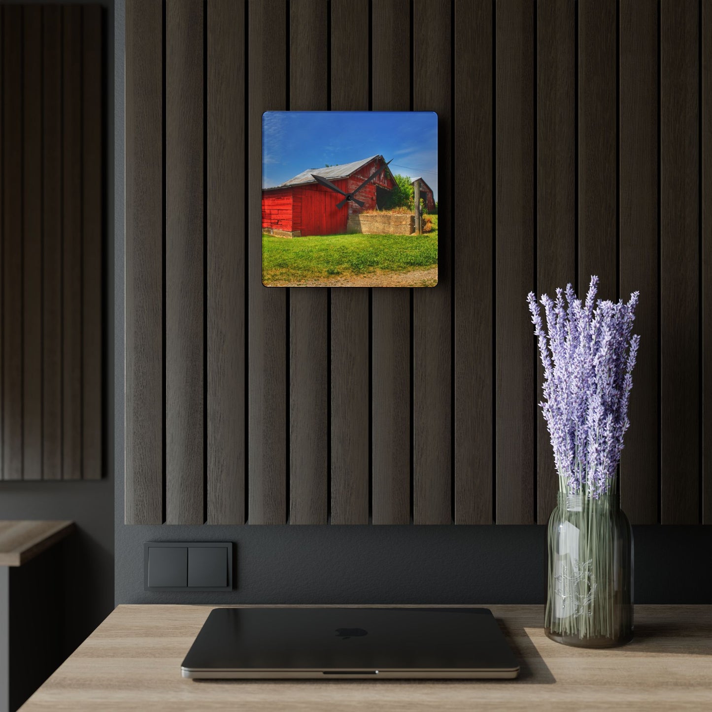 U R There Photography Marlette Road Saltbox Red Rustic Farmhouse Acrylic Analog Wall Clock