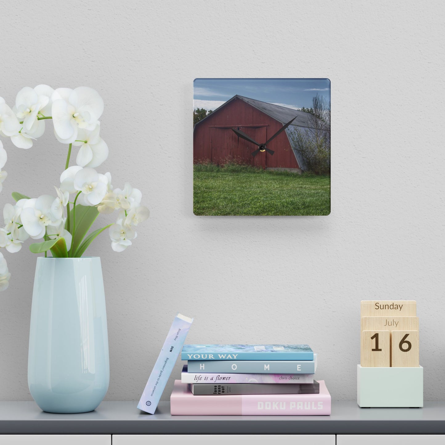 U R There Photography Piersonville Road Red Quonset Rustic Farmhouse Acrylic Analog Wall Clock