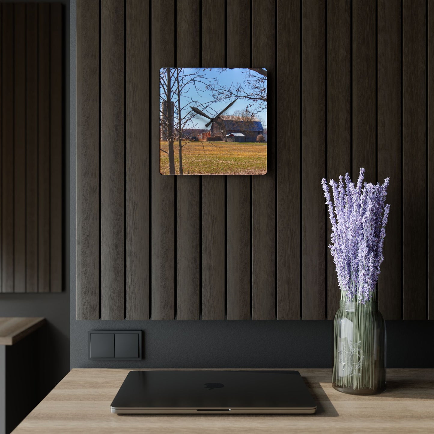 U R There Photography Rider Road Greys Rustic Farmhouse Acrylic Analog Wall Clock