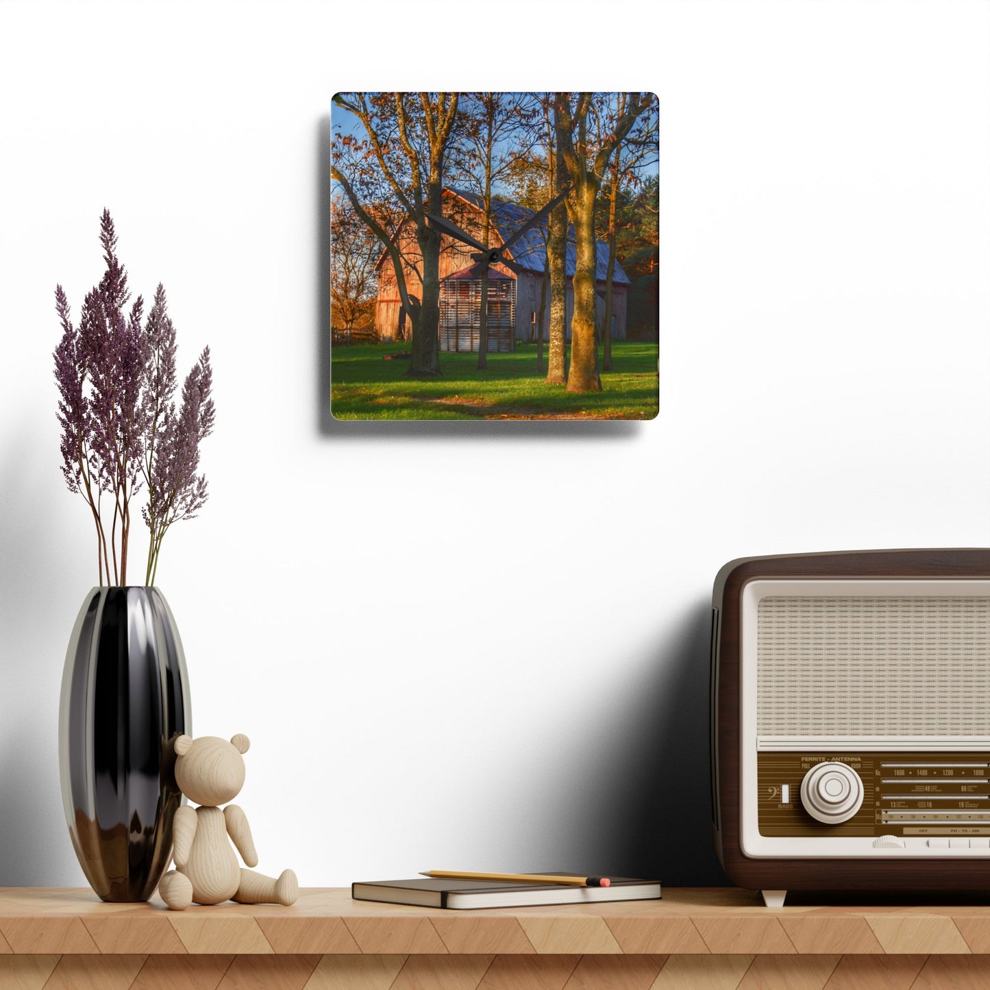 U R There Photography Hunters Creek Hidden Red Rustic Farmhouse Acrylic Analog Wall Clock