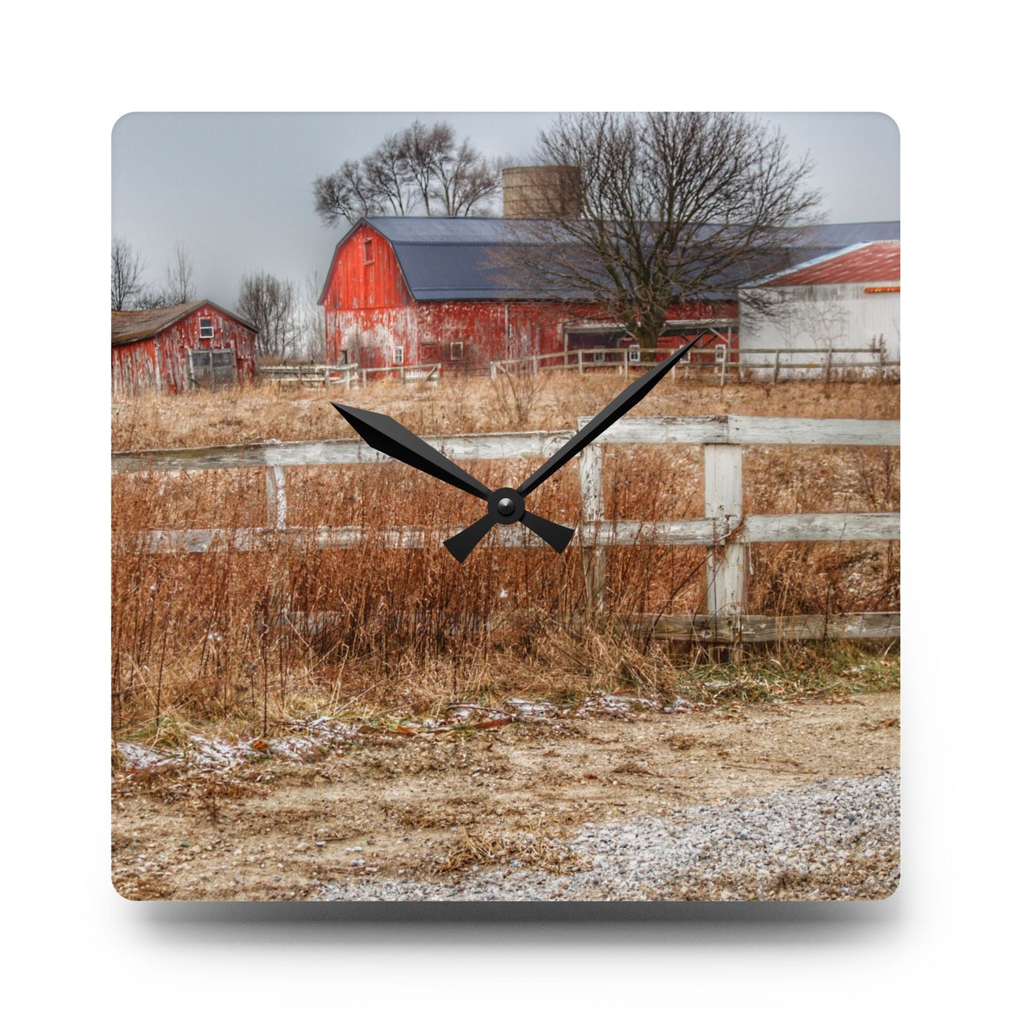 U R There Photography Mound Road Reds Rustic Farmhouse Acrylic Analog Wall Clock