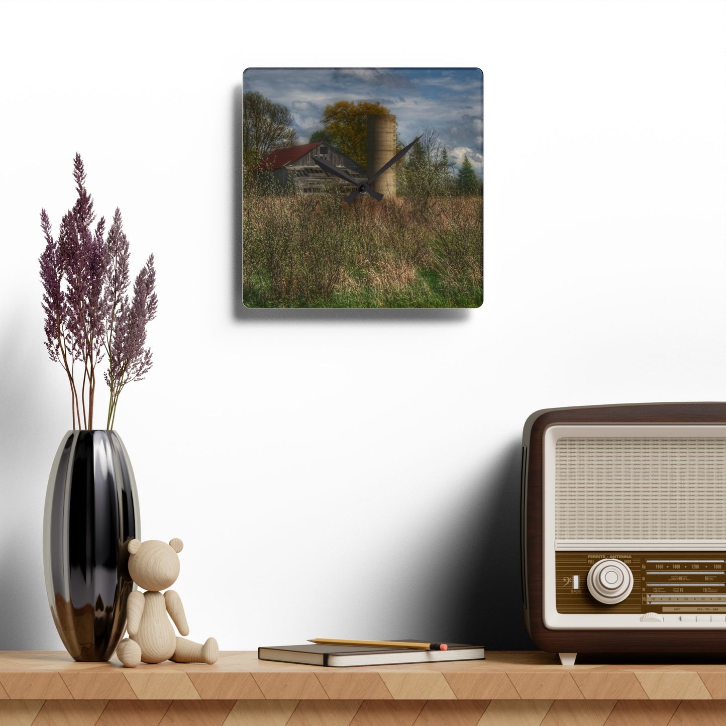 Rustic Farmhouse Wall Clock featuring Old Wooden Barn and Silo I