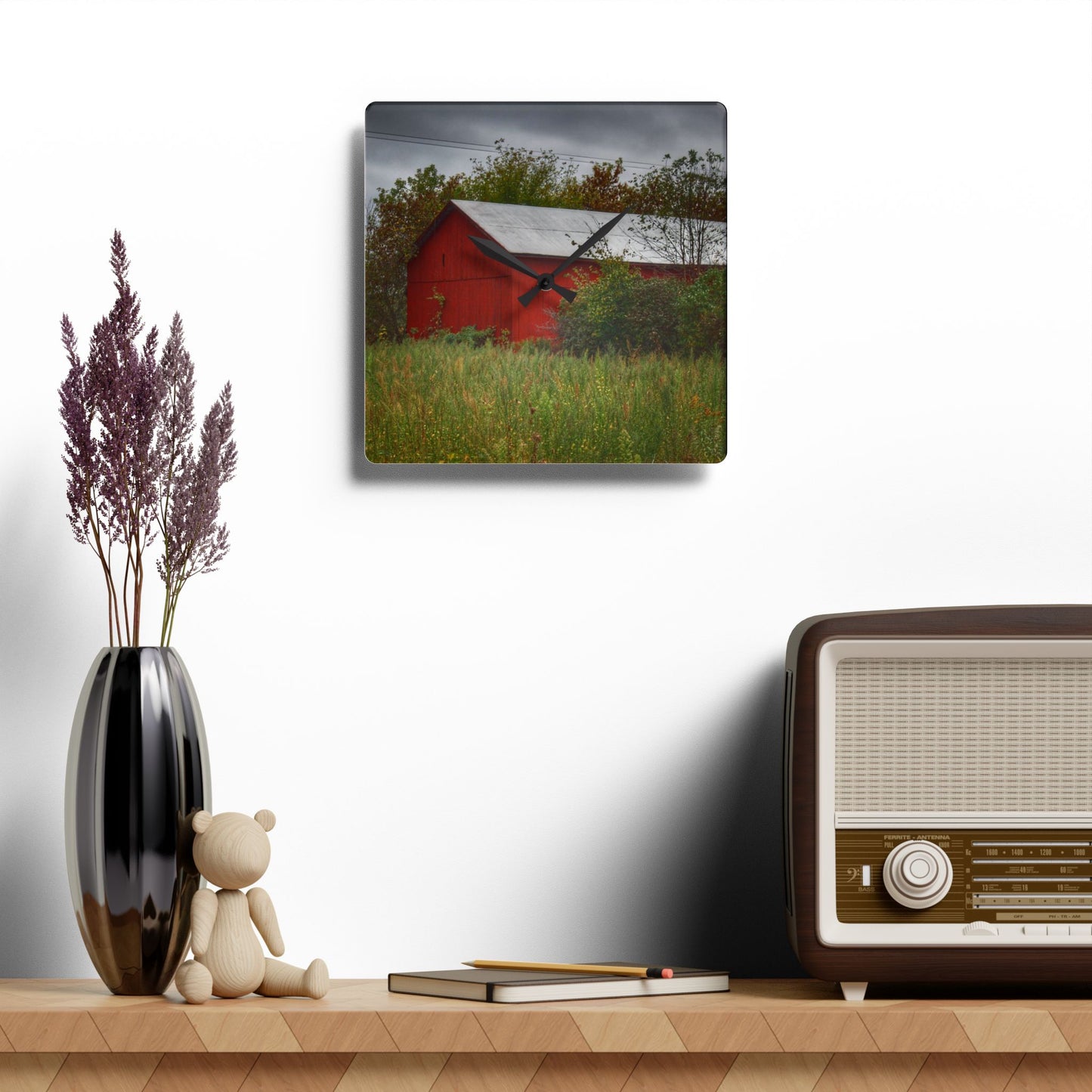 U R There Photography Willard Road Red I Rustic Farmhouse Acrylic Analog Wall Clock