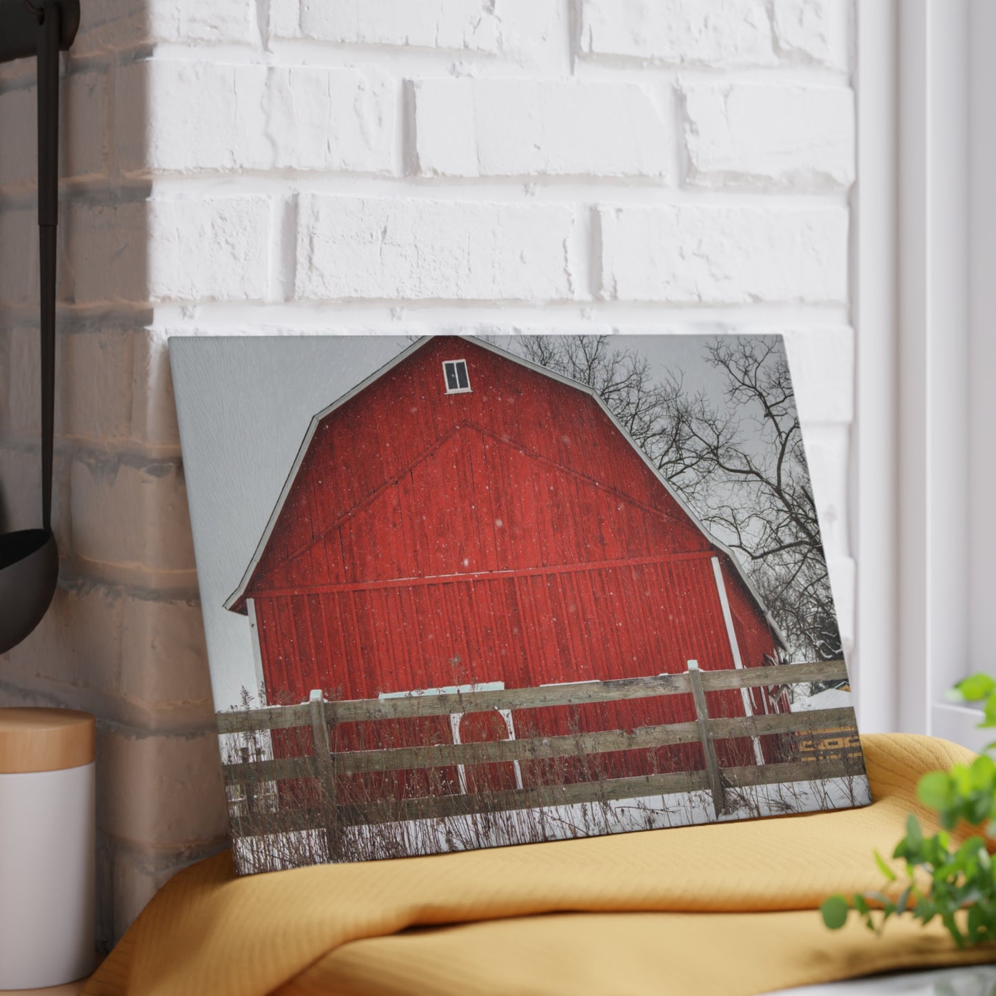 U R There Photography Big Red Beyond the Fence Rustic Farmhouse Tempered-Glass Cutting Board