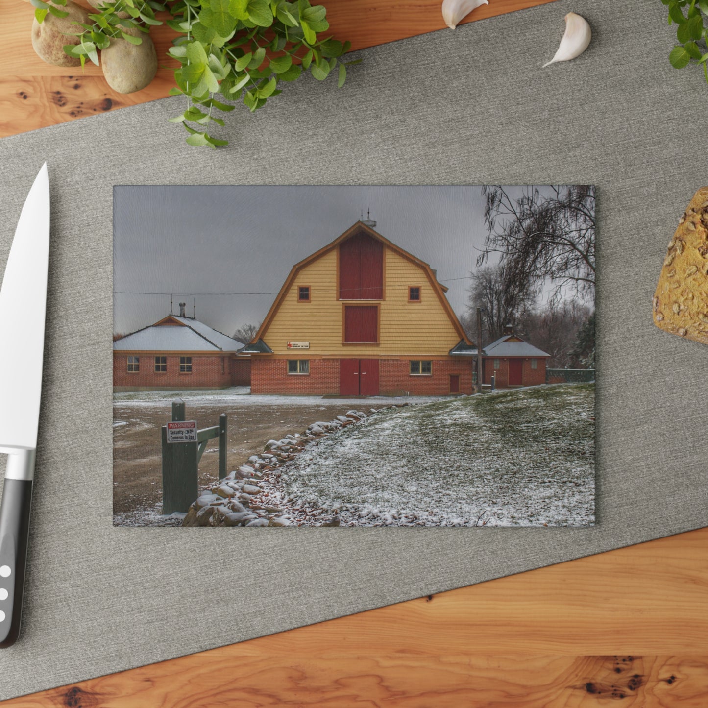 U R There Photography Yellow Barn of Bordman Rustic Farmhouse Tempered-Glass Cutting Board