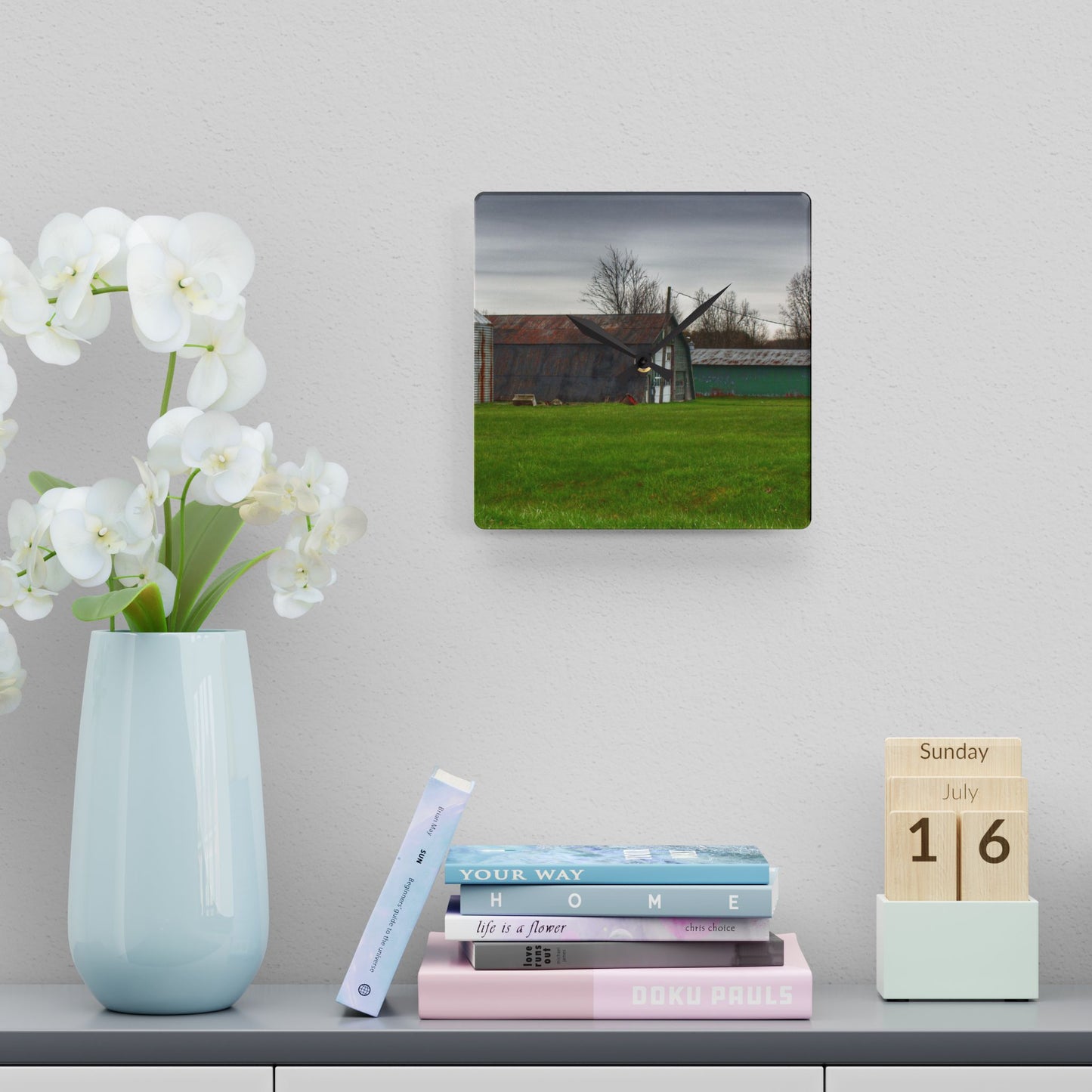 U R There Photography Hough Road Green Quonset II Rustic Farmhouse Acrylic Analog Wall Clock