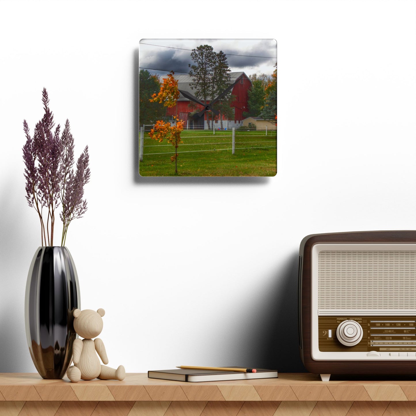 U R There Photography Farnsworth Road Red I Rustic Farmhouse Acrylic Analog Wall Clock