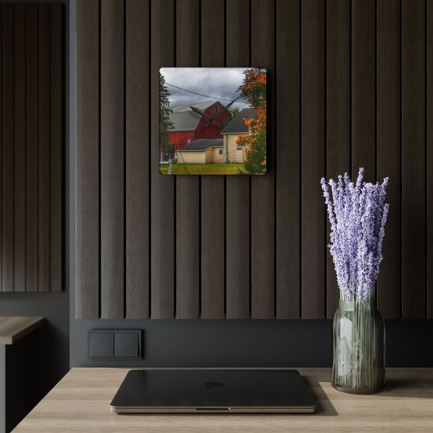U R There Photography Farnsworth Road Red II Rustic Farmhouse Acrylic Analog Wall Clock