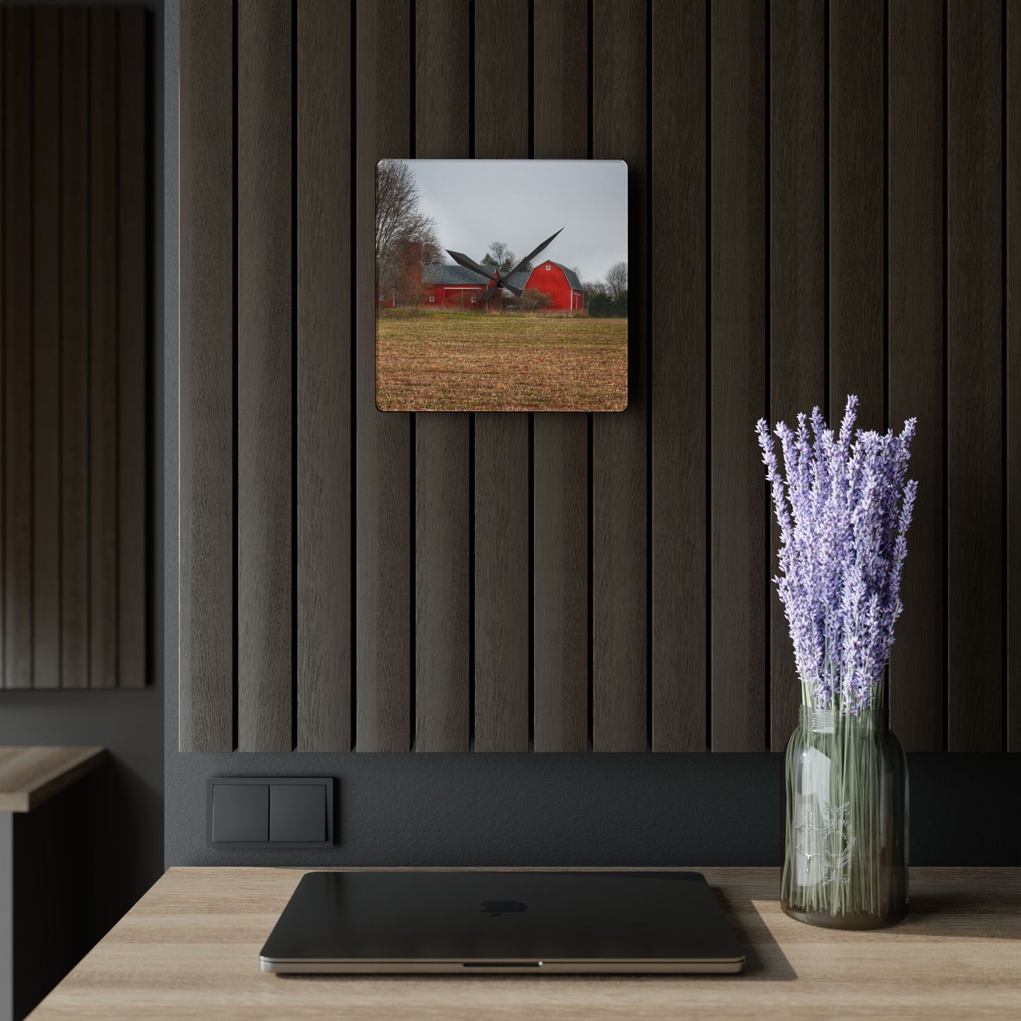 U R There Photography Kidder Road Reds Rustic Farmhouse Acrylic Analog Wall Clock