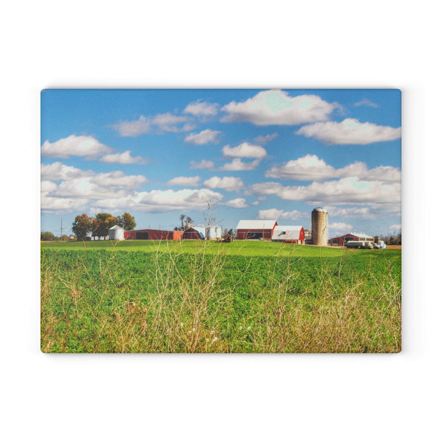 U R There Photography Pattison Road Farm Across the Field I Rustic Farmhouse Tempered-Glass Cutting Board