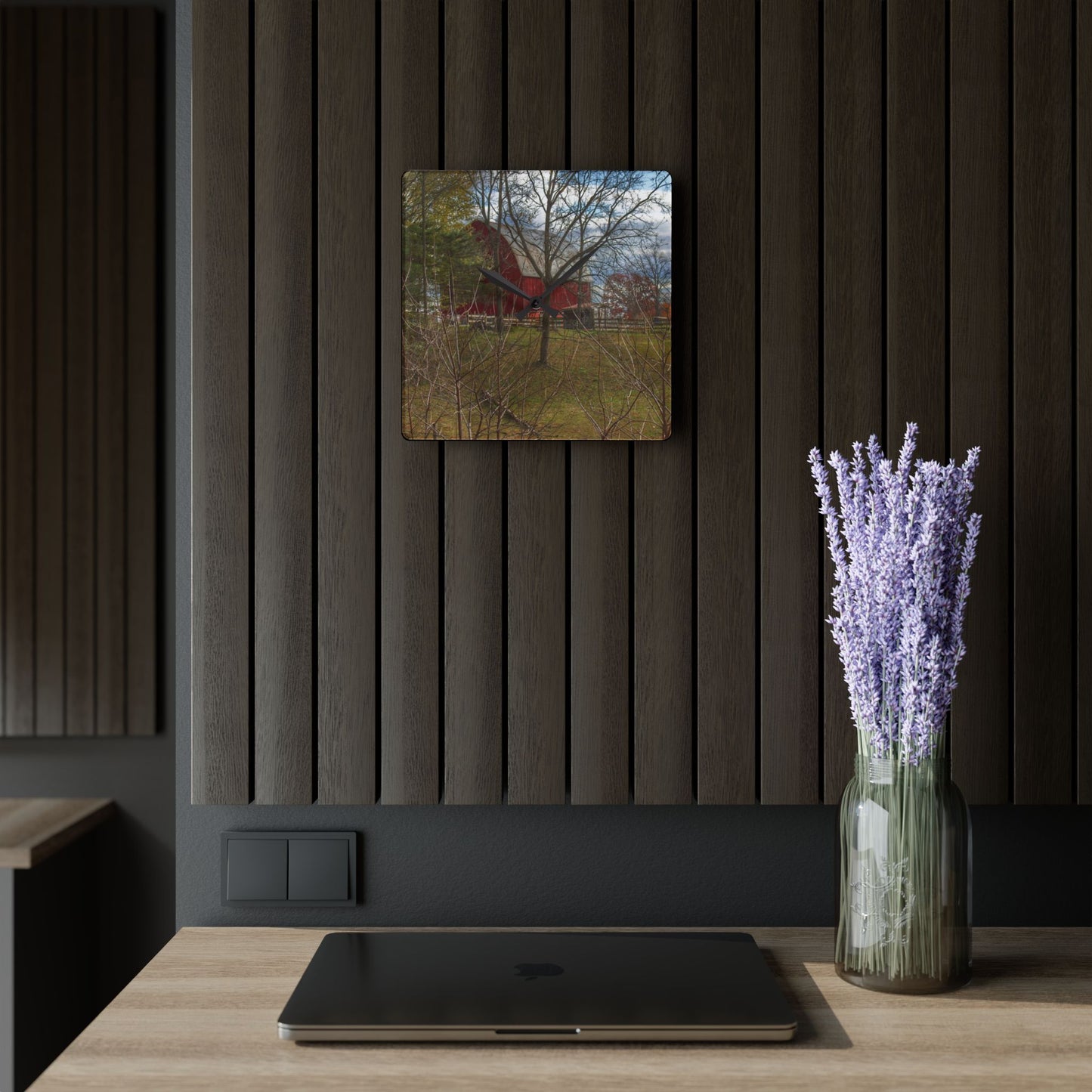 U R There Photography Laur Road Hidden Red Rustic Farmhouse Acrylic Analog Wall Clock