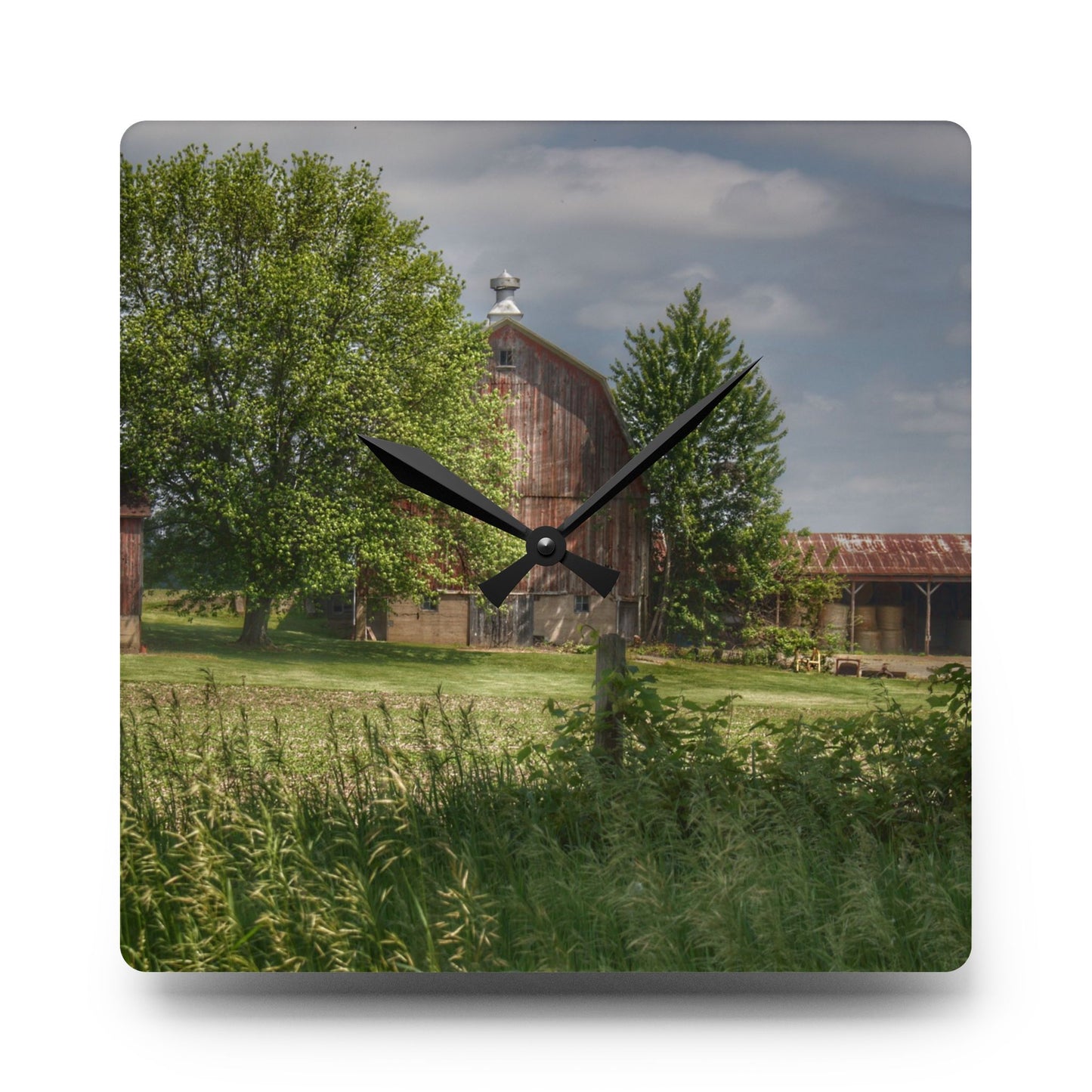 U R There Photography Ross Road Red Rustic Farmhouse Acrylic Analog Wall Clock