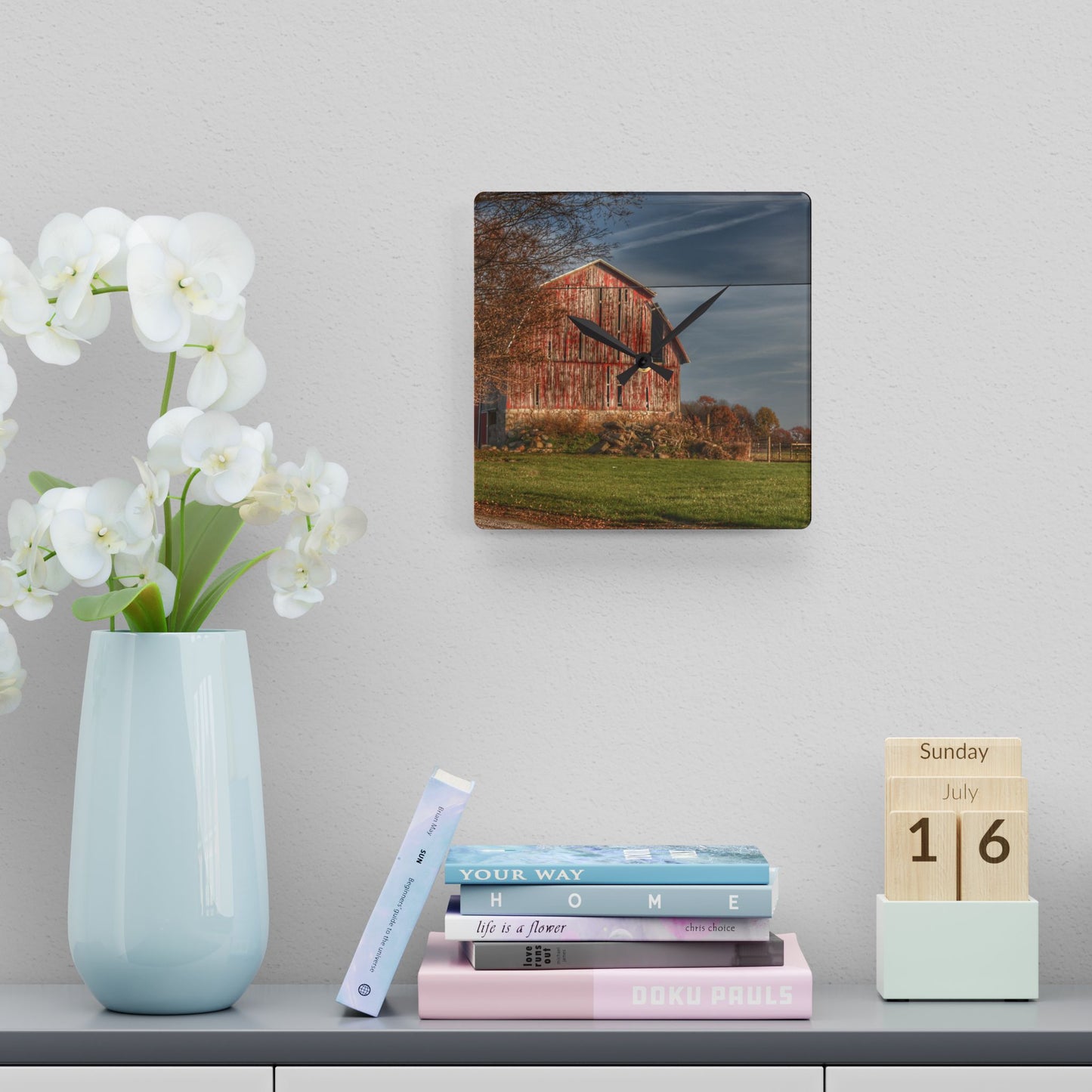 U R There Photography Marathon Road Red Cow Barn Rustic Farmhouse Acrylic Analog Wall Clock
