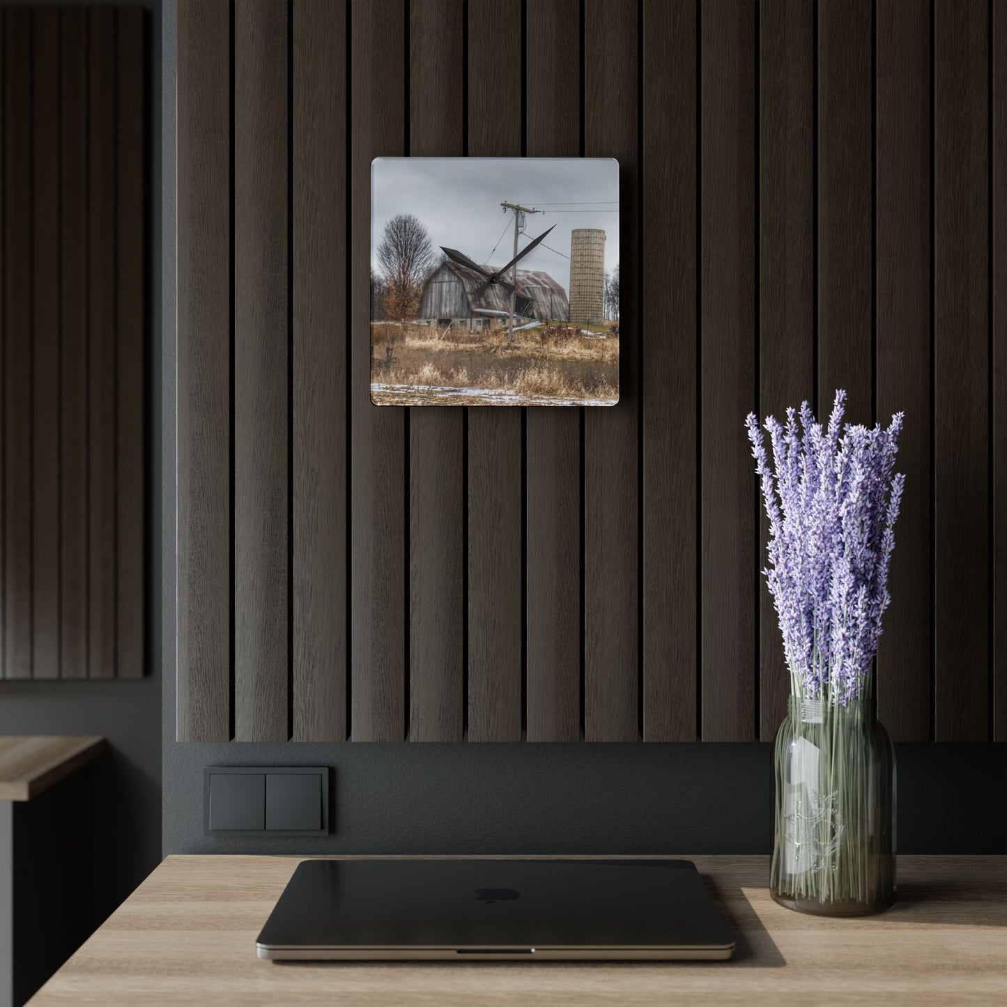 U R There Photography Norway Lake Road Grey Rustic Farmhouse Acrylic Analog Wall Clock