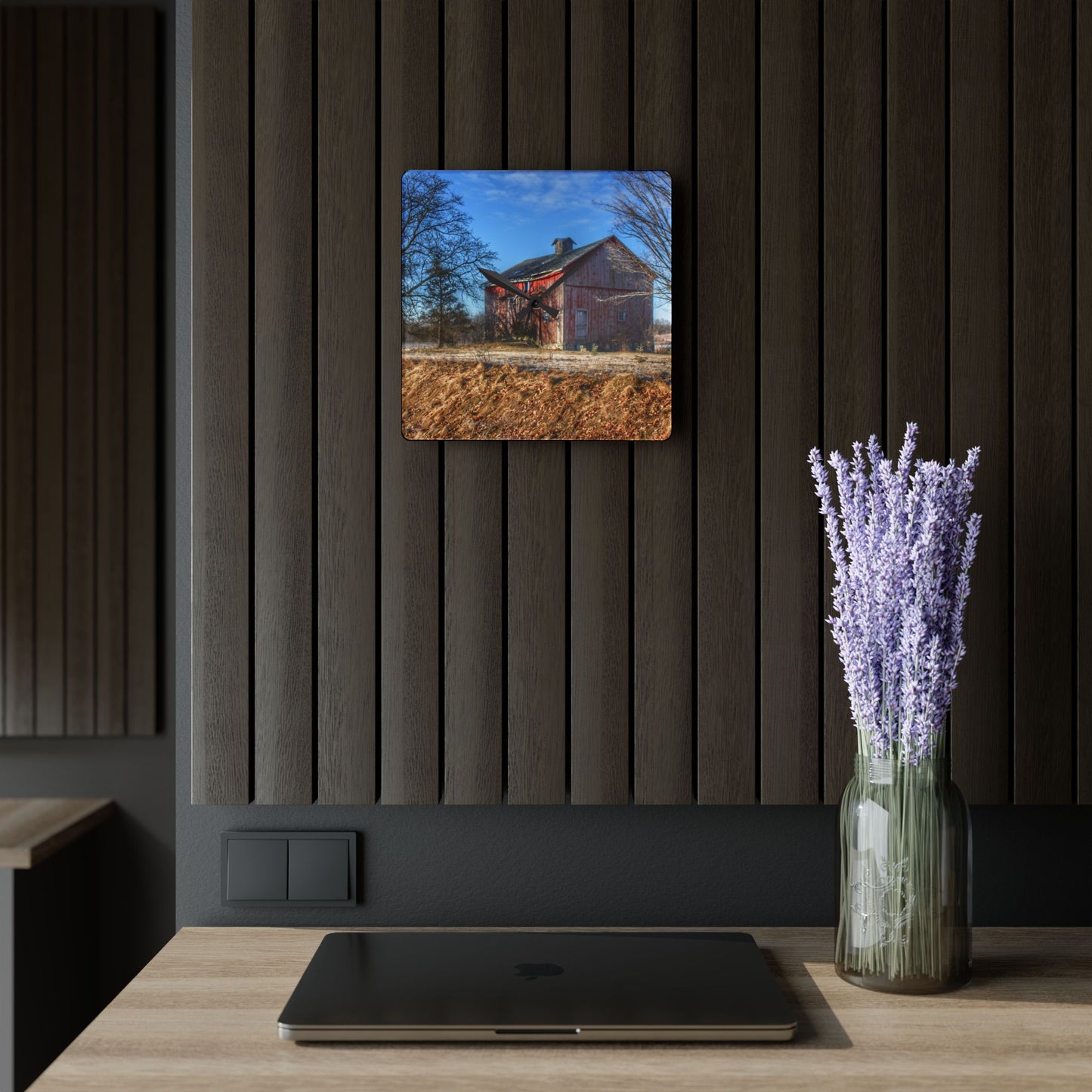 U R There Photography M-24 Barn at the Bend I Rustic Farmhouse Acrylic Analog Wall Clock