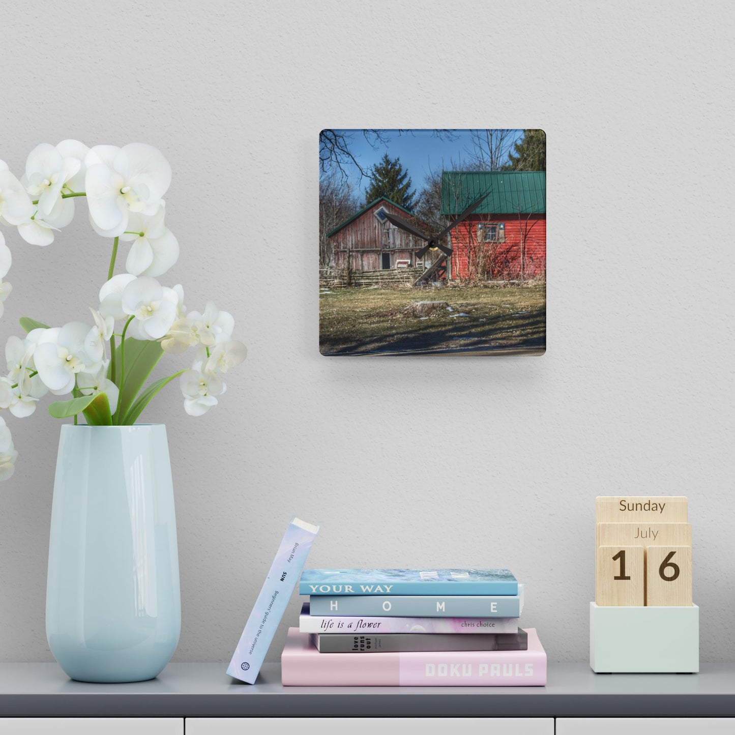 U R There Photography Roadside Reds Rustic Farmhouse Acrylic Analog Wall Clock