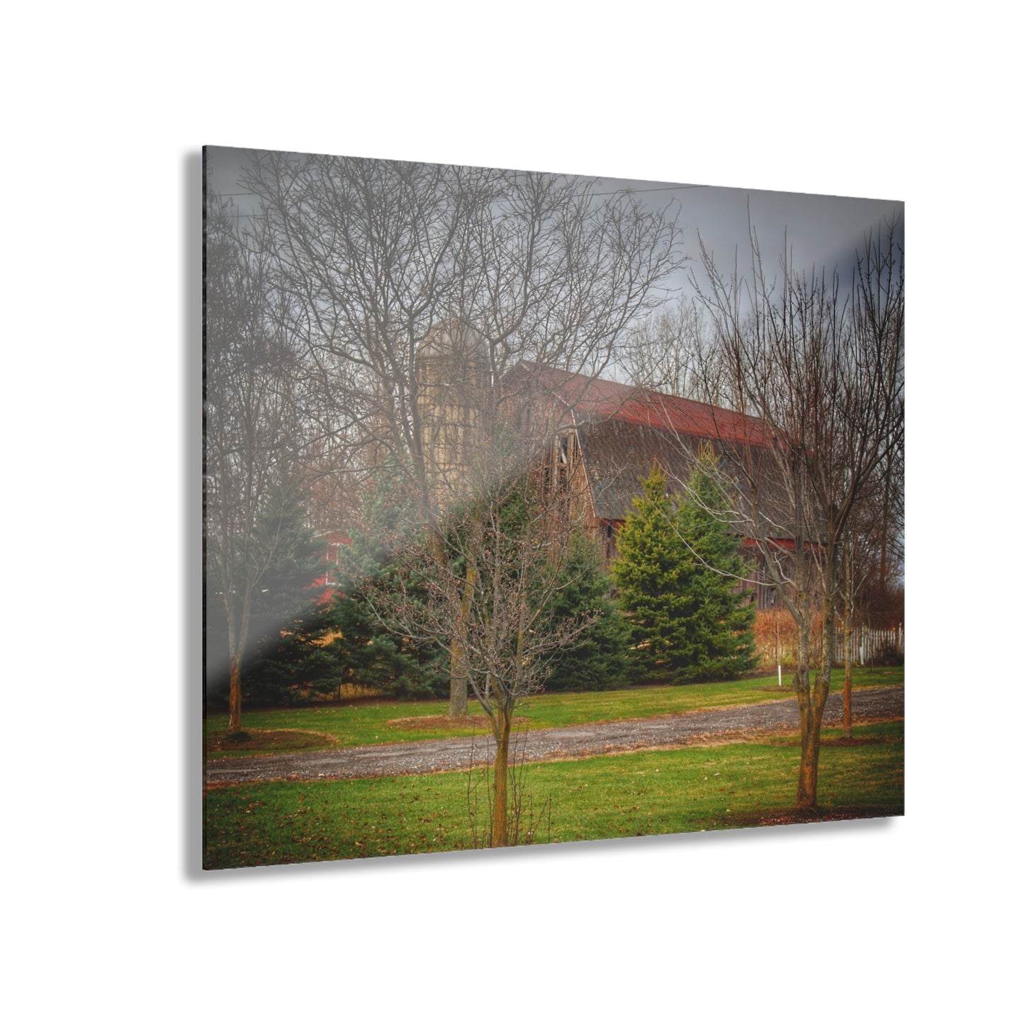 U R There Photography Rusted Red Beyond the Pines Rustic Farmhouse Acrylic Wall Print