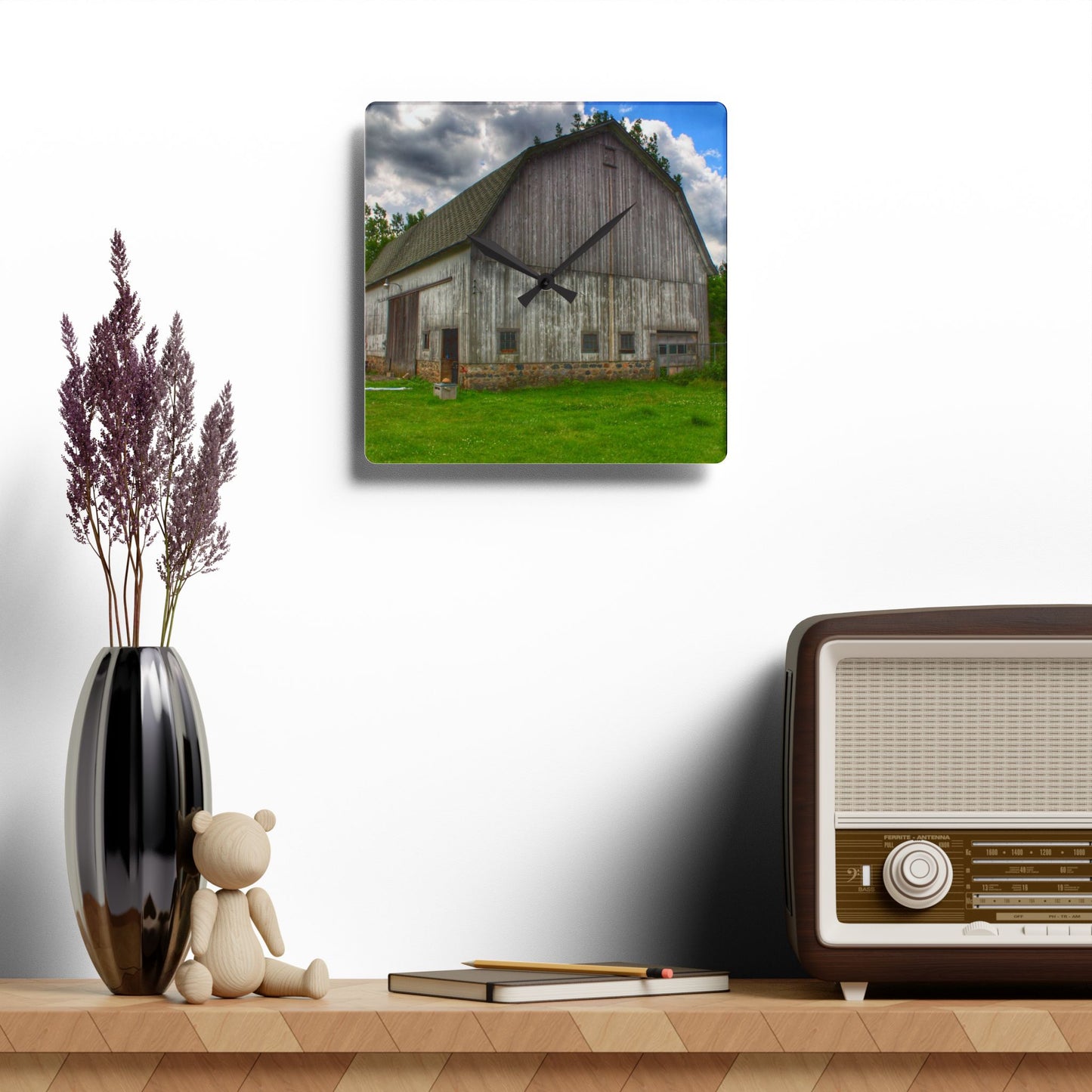 U R There Photography Fieldstone Grey Rustic Farmhouse Acrylic Analog Wall Clock