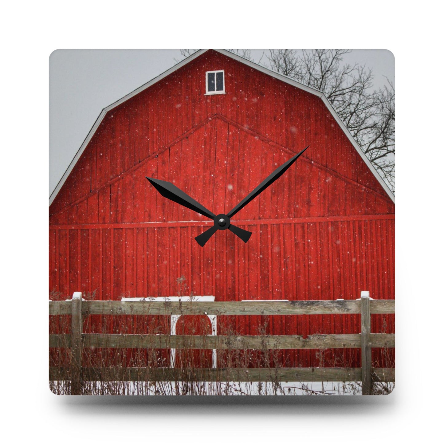 U R There Photography Big Red Beyond the Fence Rustic Farmhouse Acrylic Analog Wall Clock