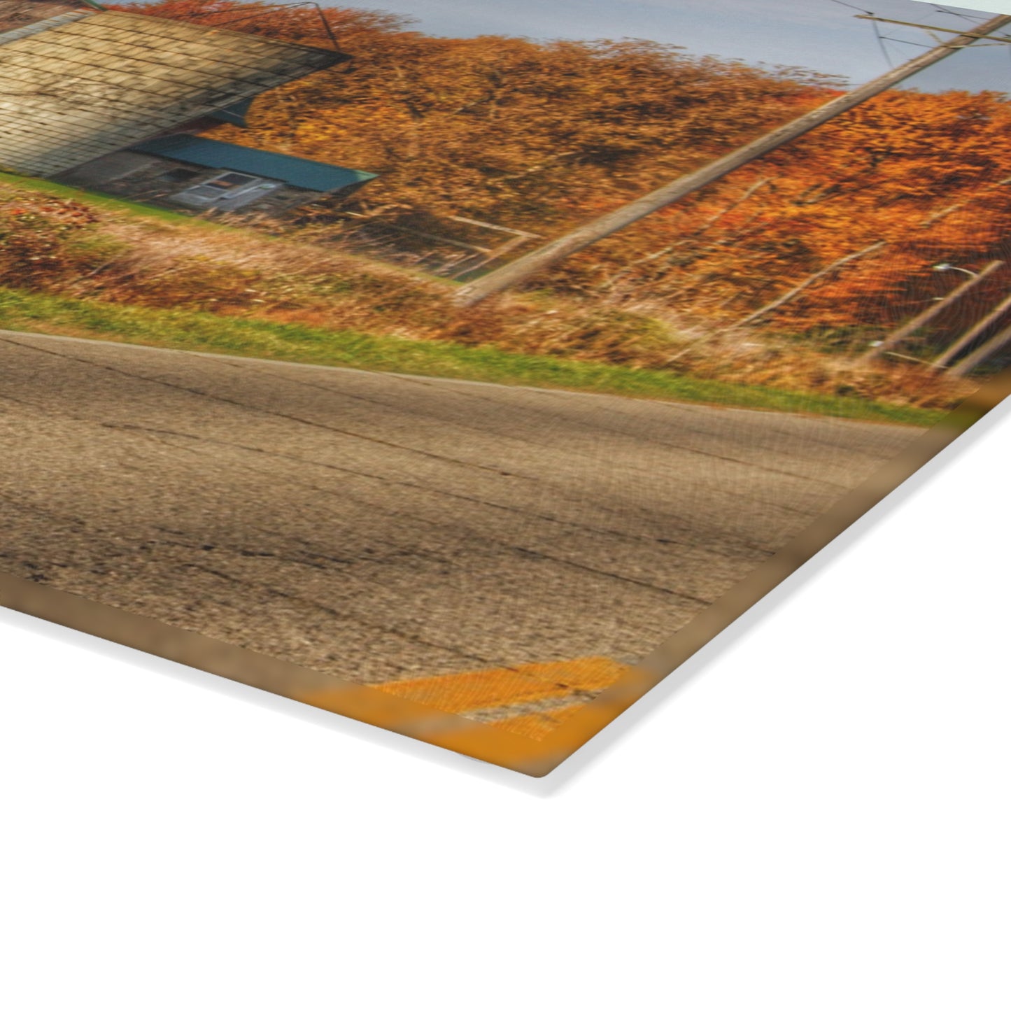 U R There Photography Plumb Creek Road Red in Fall II Rustic Farmhouse Tempered-Glass Cutting Board