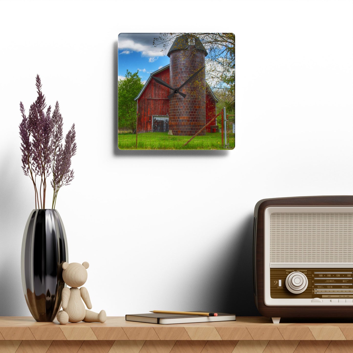U R There Photography Mead Road Red Rustic Farmhouse Acrylic Analog Wall Clock