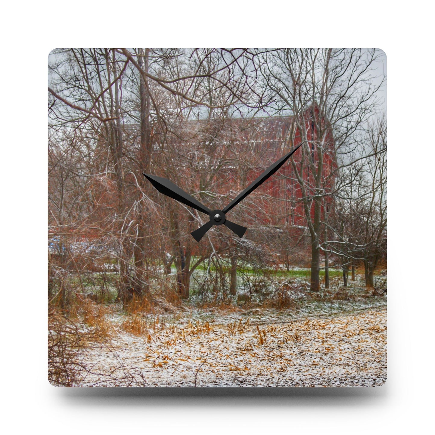 U R There Photography Hough Road Hidden Winter Red II Rustic Farmhouse Acrylic Analog Wall Clock