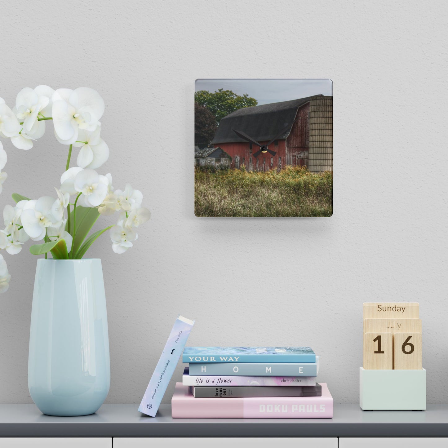 U R There Photography McDowell Road Old Red and Little White Rustic Farmhouse Acrylic Analog Wall Clock
