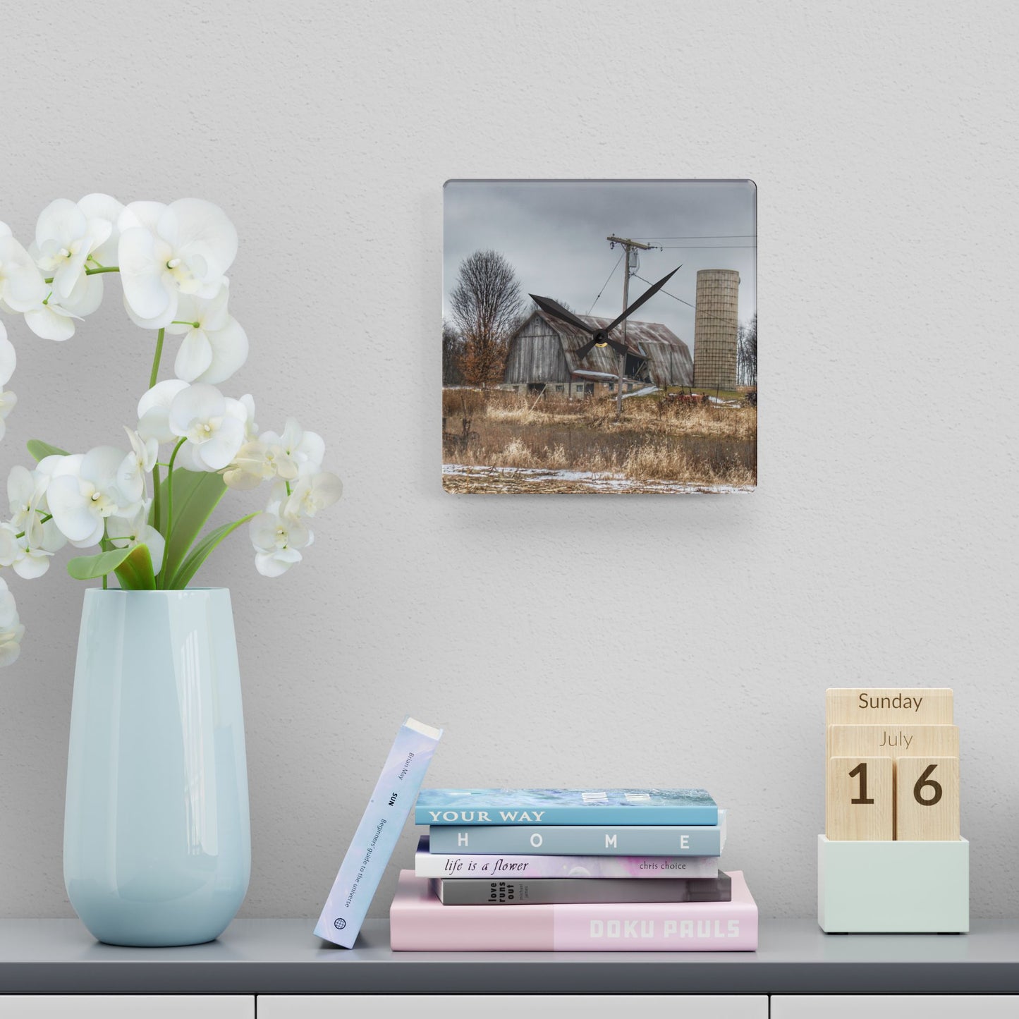 U R There Photography Norway Lake Road Grey Rustic Farmhouse Acrylic Analog Wall Clock
