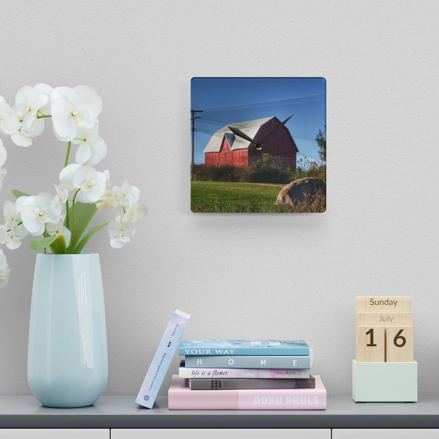 U R There Photography Hemingway Lake Road Red Rustic Farmhouse Acrylic Analog Wall Clock