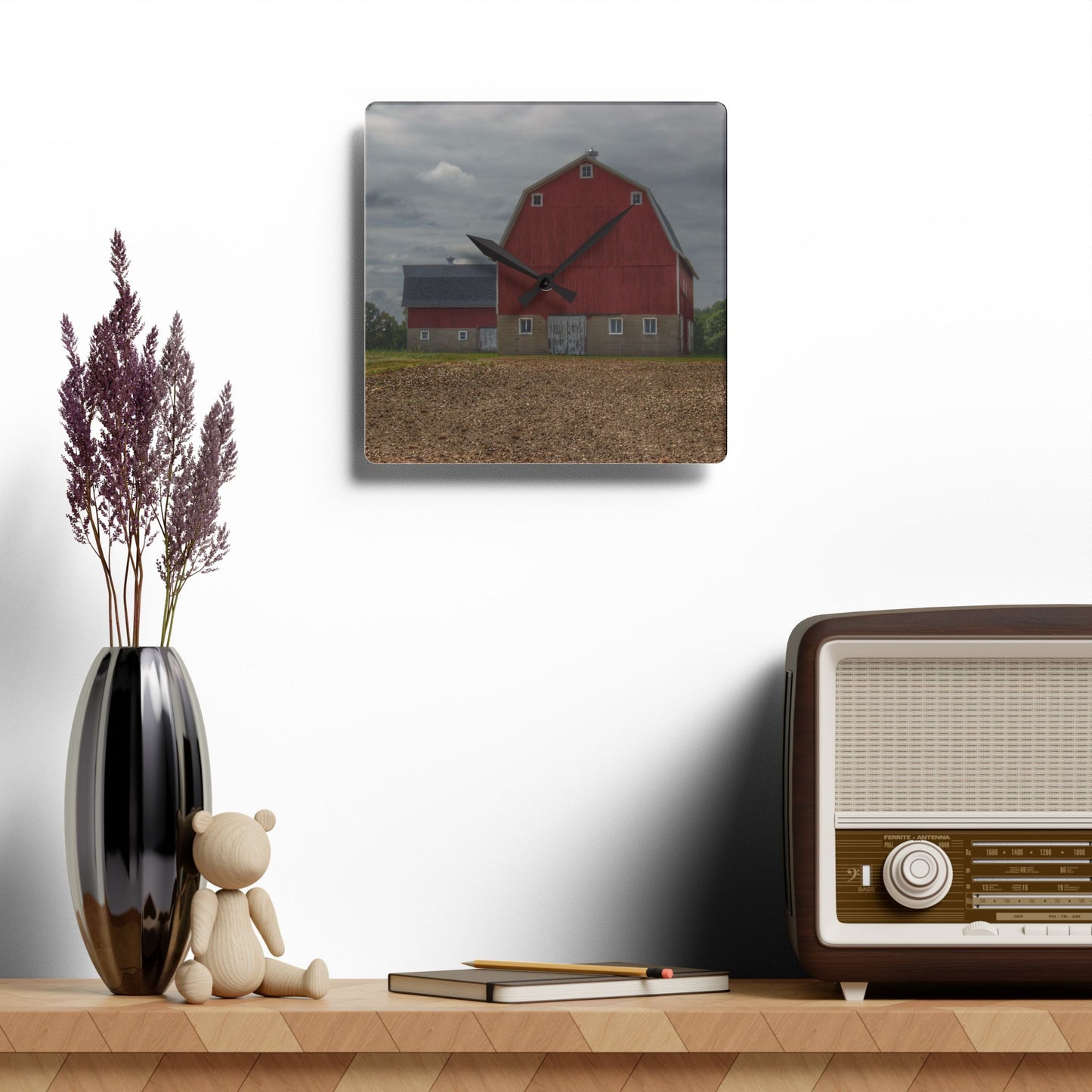 U R There Photography Cade Road Red I Rustic Farmhouse Acrylic Analog Wall Clock