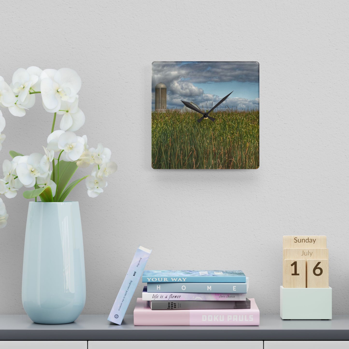 U R There Photography White Barn Overlooking Cornfield Rustic Farmhouse Acrylic Analog Wall Clock