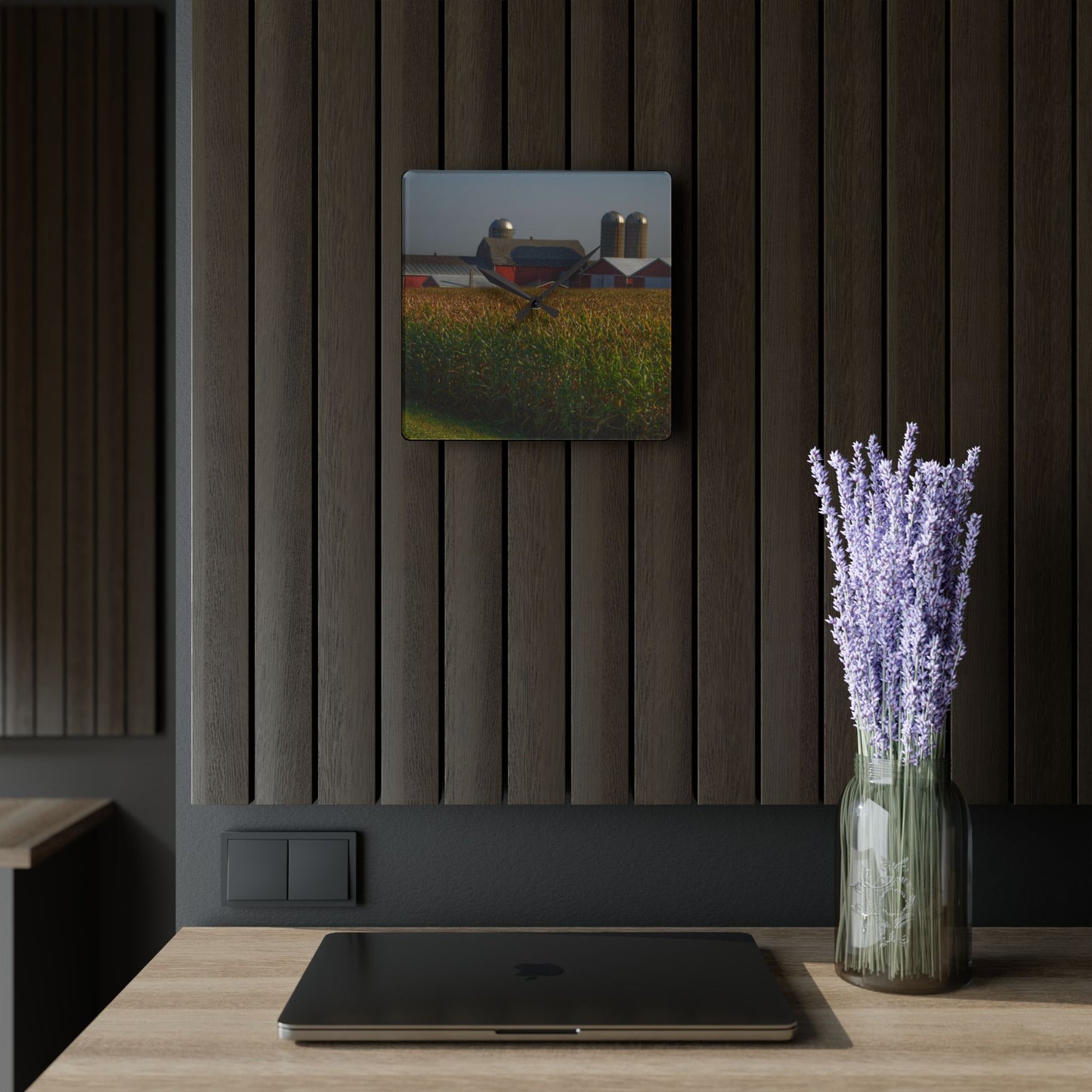 U R There Photography Slattery Road Farm and Cornfield II Rustic Farmhouse Acrylic Analog Wall Clock
