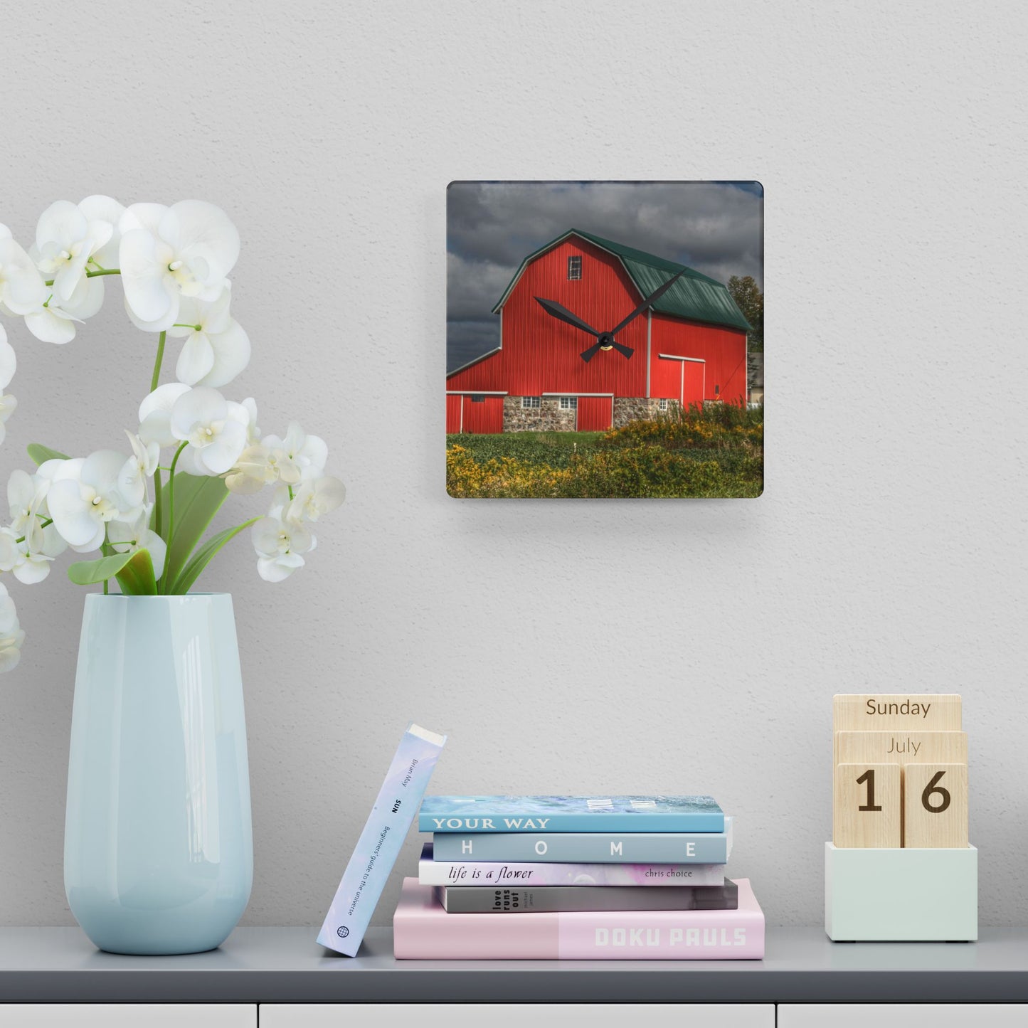 U R There Photography Valentine Road Fieldstone Red Rustic Farmhouse Acrylic Analog Wall Clock