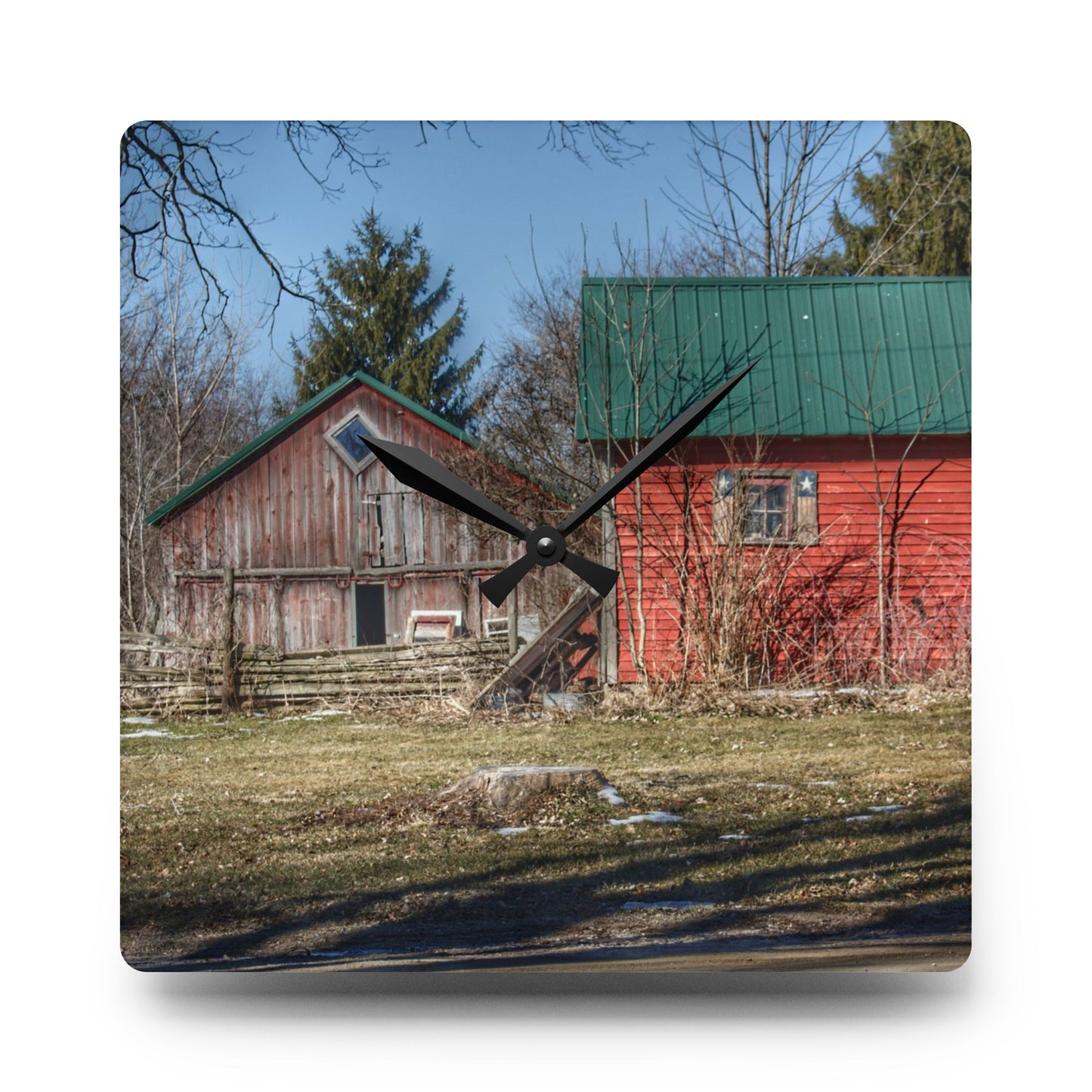 U R There Photography Roadside Reds Rustic Farmhouse Acrylic Analog Wall Clock