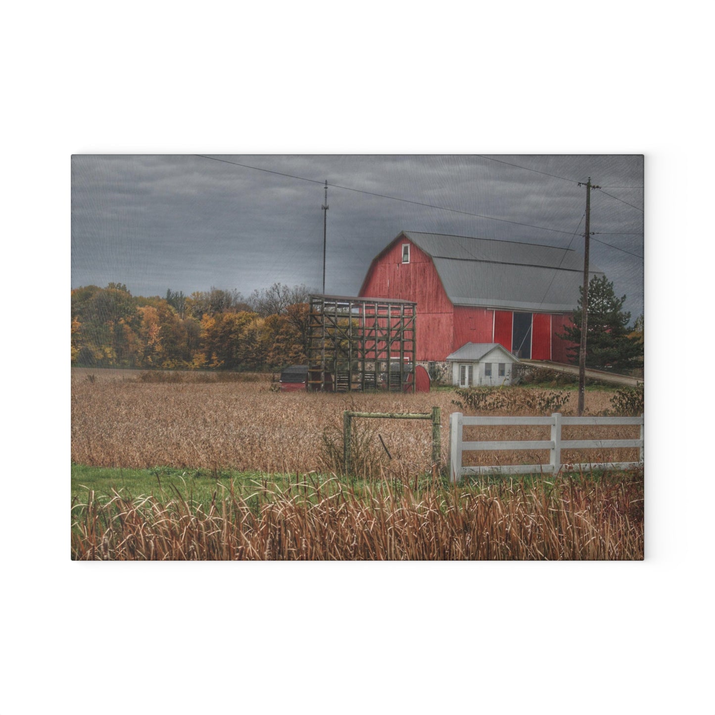 U R There Photography Barnes Road Red in Fall Rustic Farmhouse Tempered-Glass Cutting Board