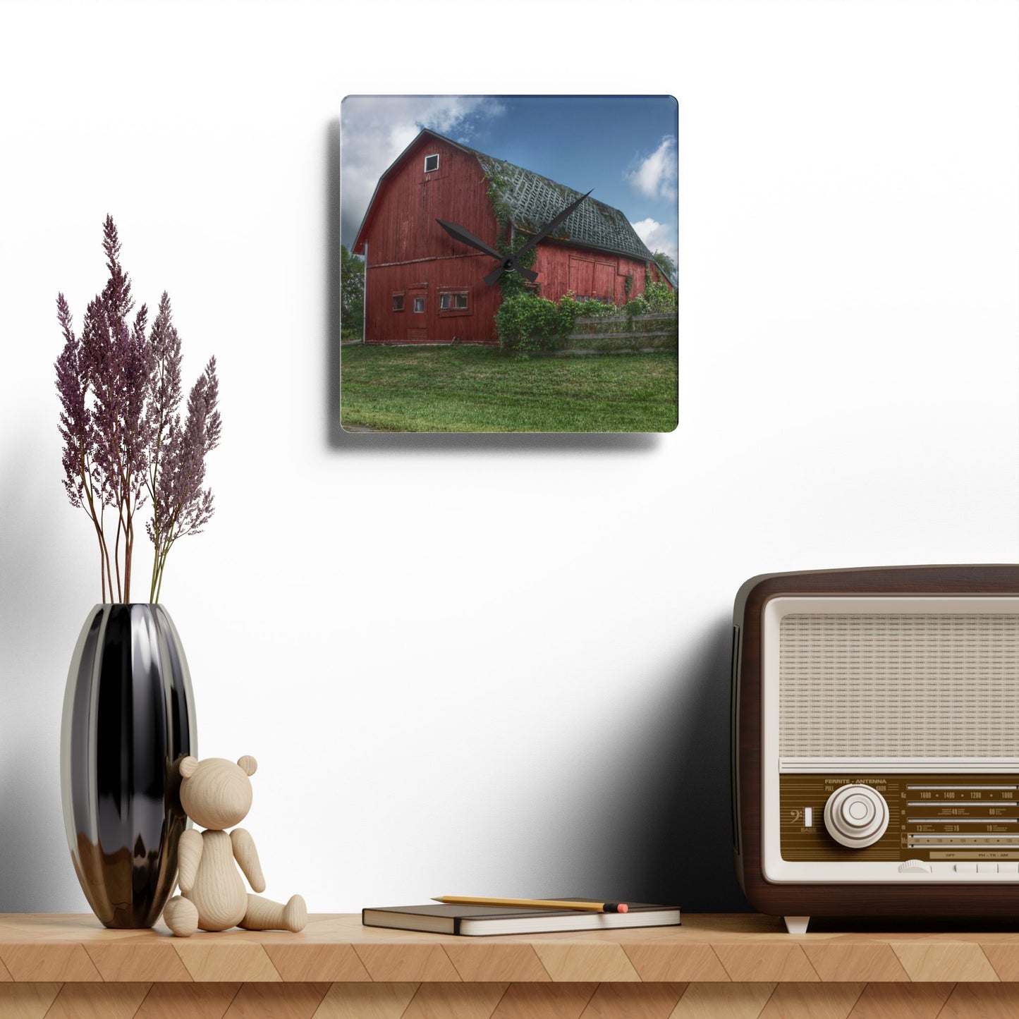 U R There Photography Hegal Road Old Red I Rustic Farmhouse Acrylic Analog Wall Clock