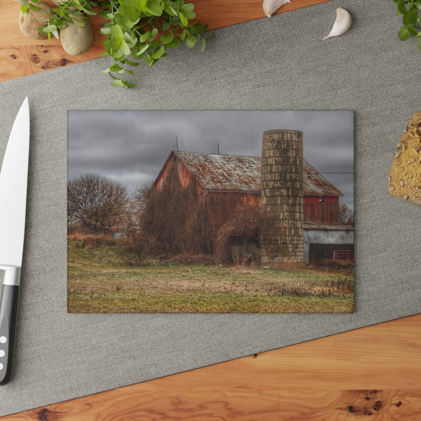 U R There Photography Slattery Road Old Red and Silo I Rustic Farmhouse Tempered-Glass Cutting Board