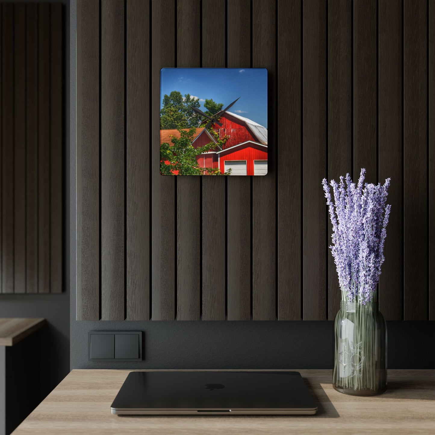 U R There Photography McKeen Lake Road Reds I Rustic Farmhouse Acrylic Analog Wall Clock