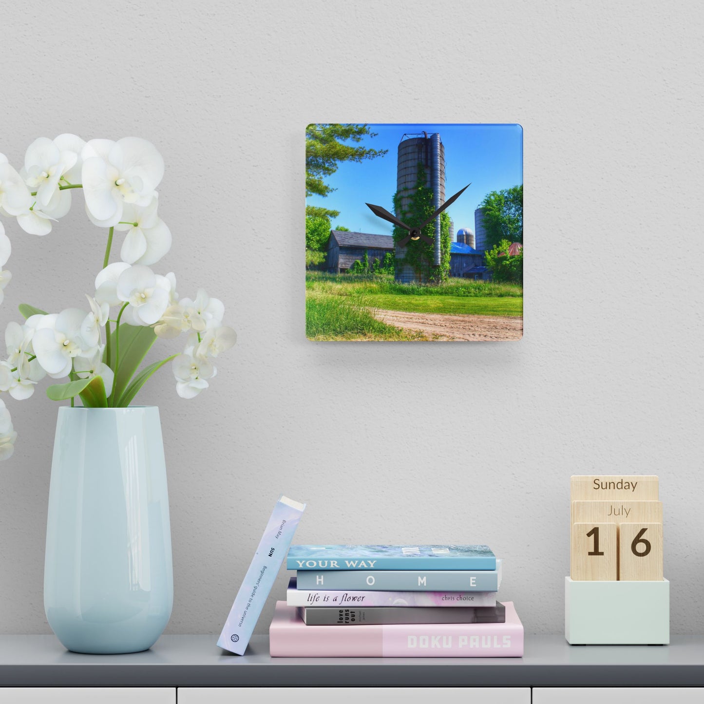 U R There Photography Bordman Road Old Grey and Silo II Rustic Farmhouse Acrylic Analog Wall Clock