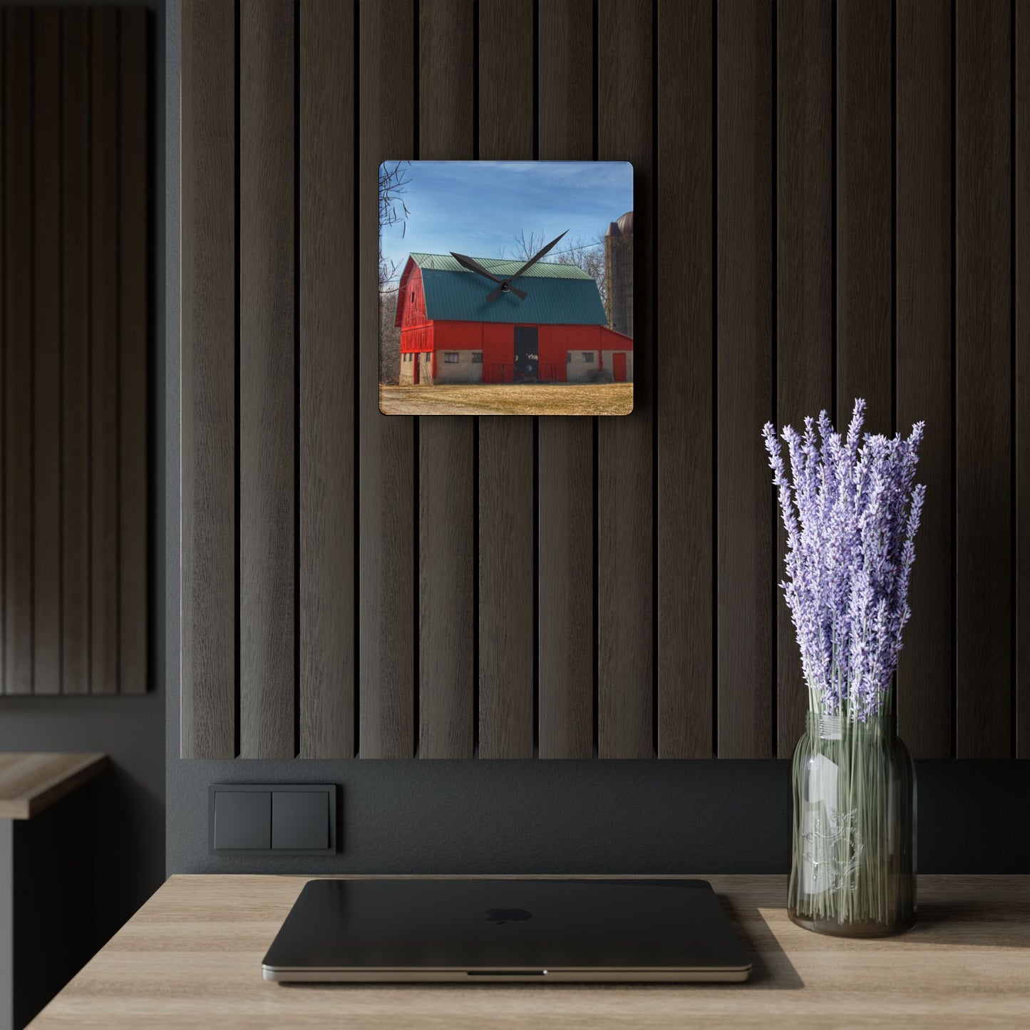 U R There Photography Wilson Road Red and Silo II Rustic Farmhouse Acrylic Analog Wall Clock