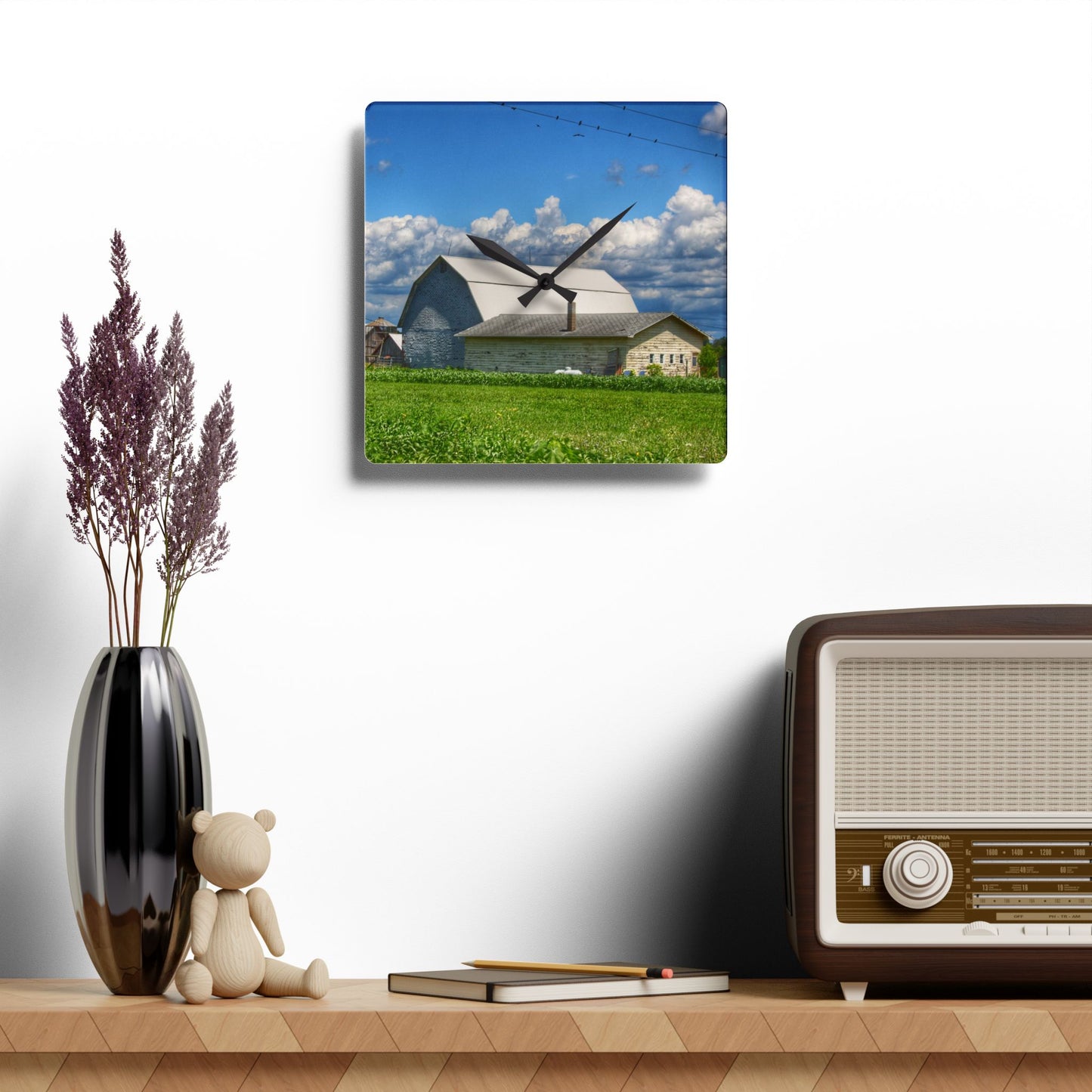 U R There Photography Lake Road Whites Rustic Farmhouse Acrylic Analog Wall Clock