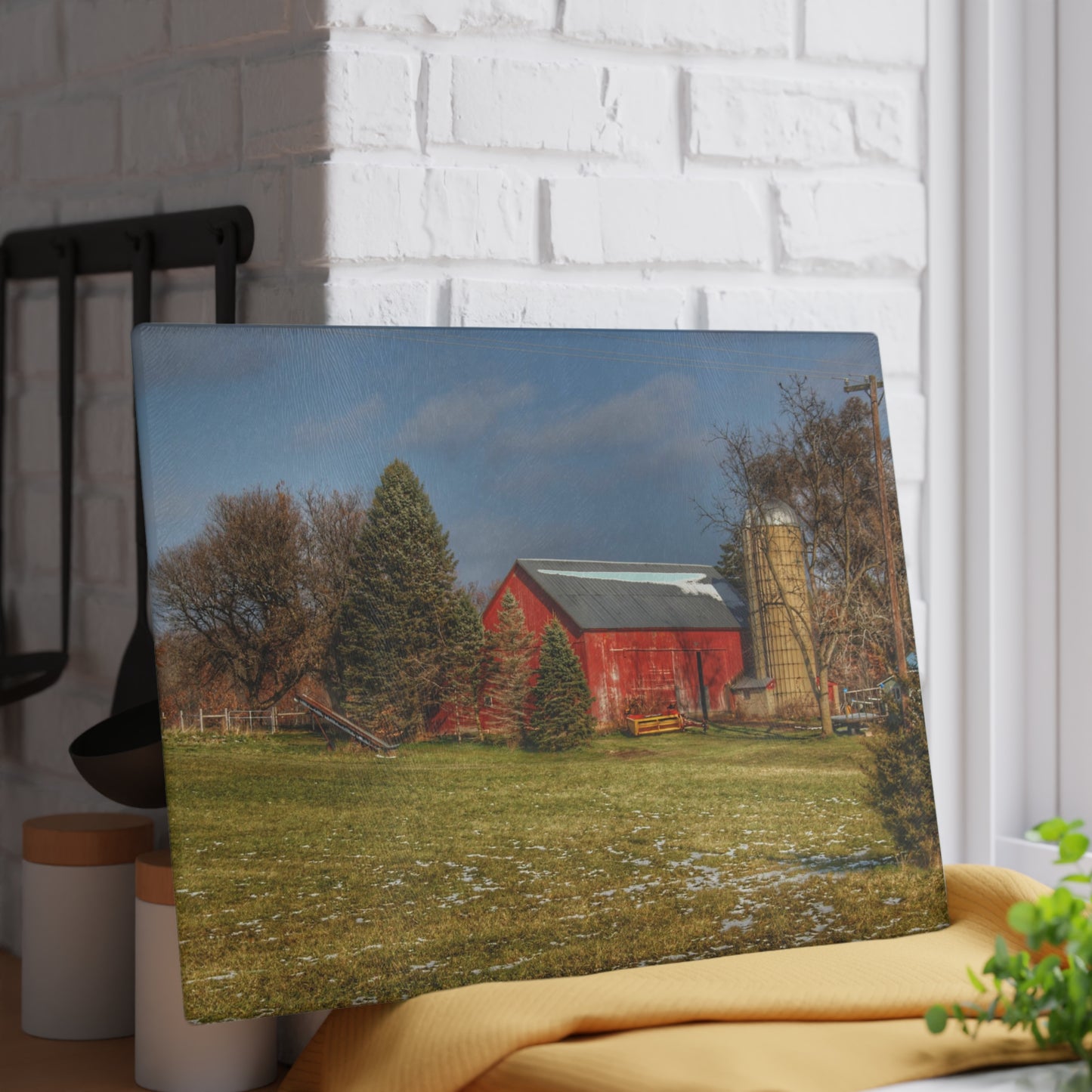 U R There Photography Columbiaville Road Red I Rustic Farmhouse Tempered-Glass Cutting Board