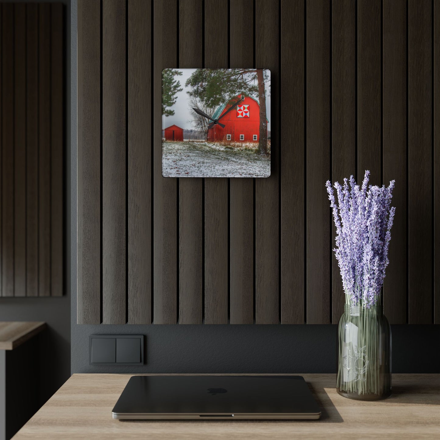 U R There Photography McKail Road Quilted Red Rustic Farmhouse Acrylic Analog Wall Clock