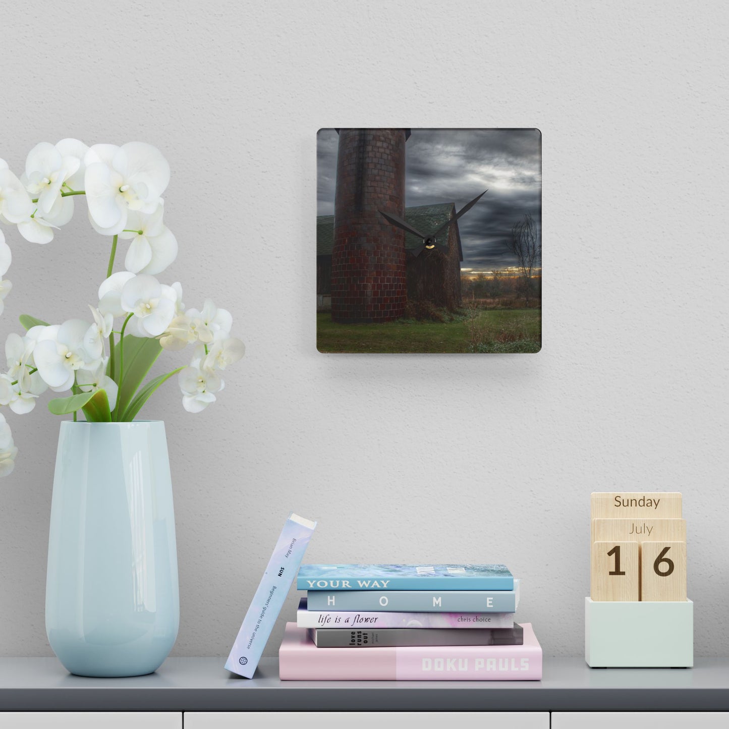 U R There Photography Pero Lake Road Grey II Rustic Farmhouse Acrylic Analog Wall Clock