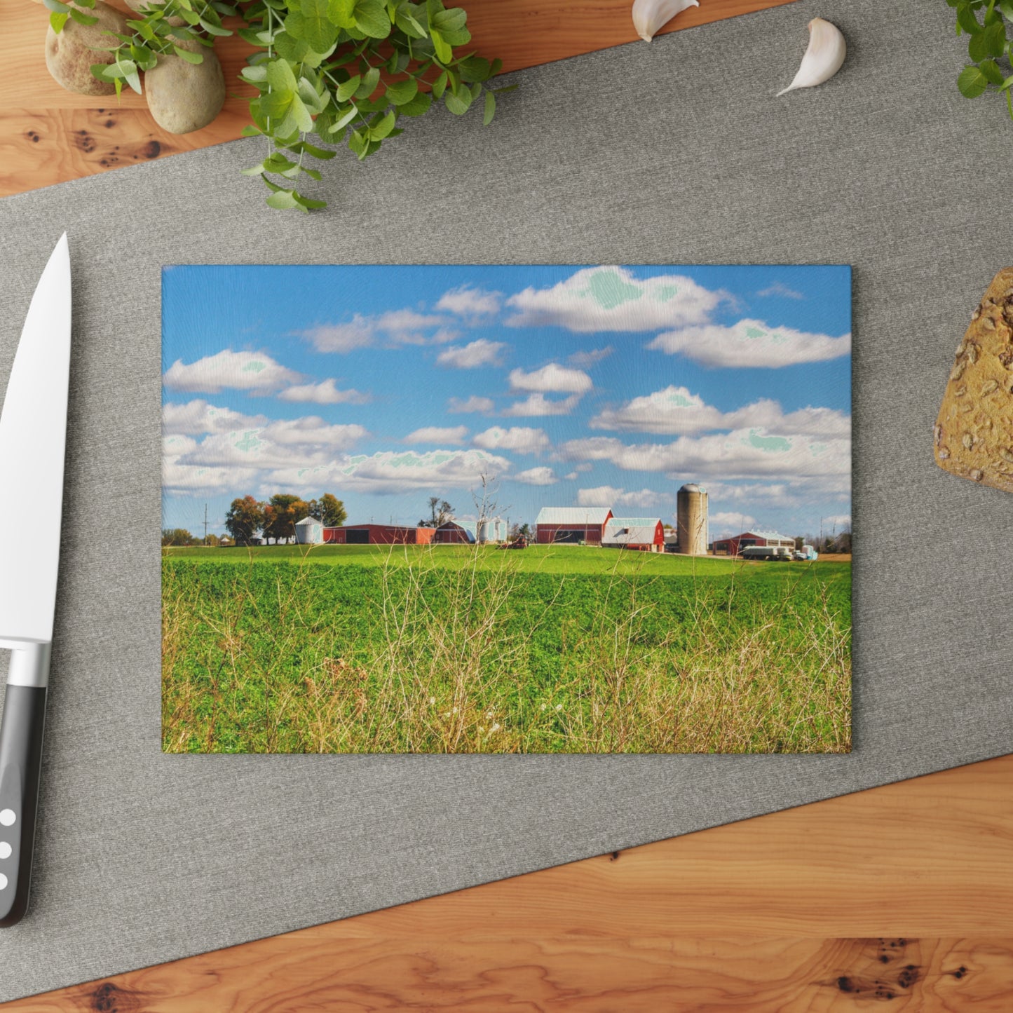 U R There Photography Pattison Road Farm Across the Field I Rustic Farmhouse Tempered-Glass Cutting Board