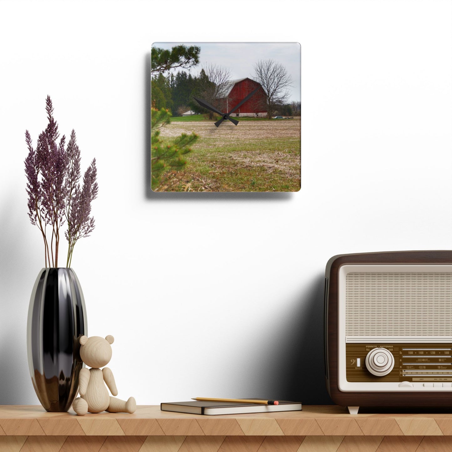 U R There Photography Hidden Millington Road Red Rustic Farmhouse Acrylic Analog Wall Clock