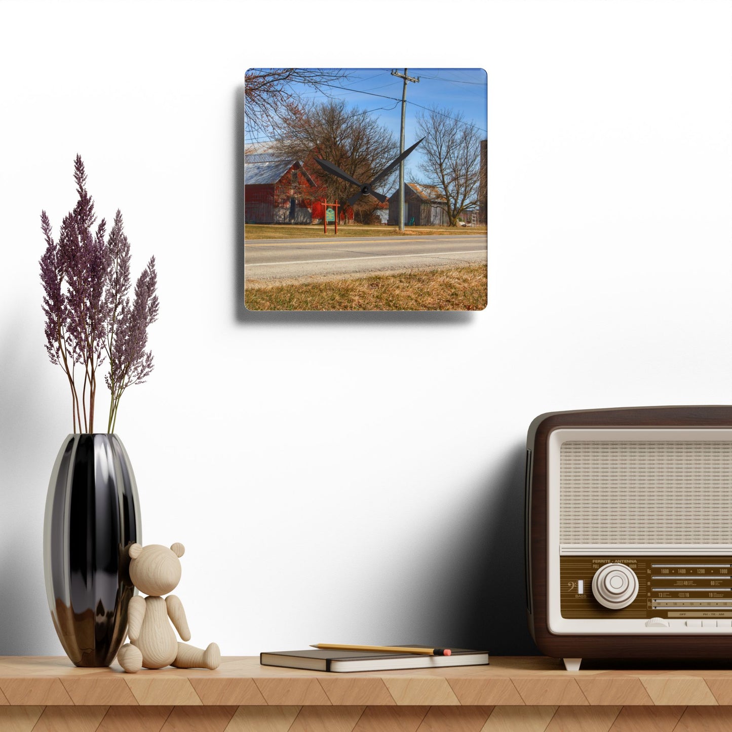 U R There Photography Otter Lake Centennial Reds Rustic Farmhouse Acrylic Analog Wall Clock