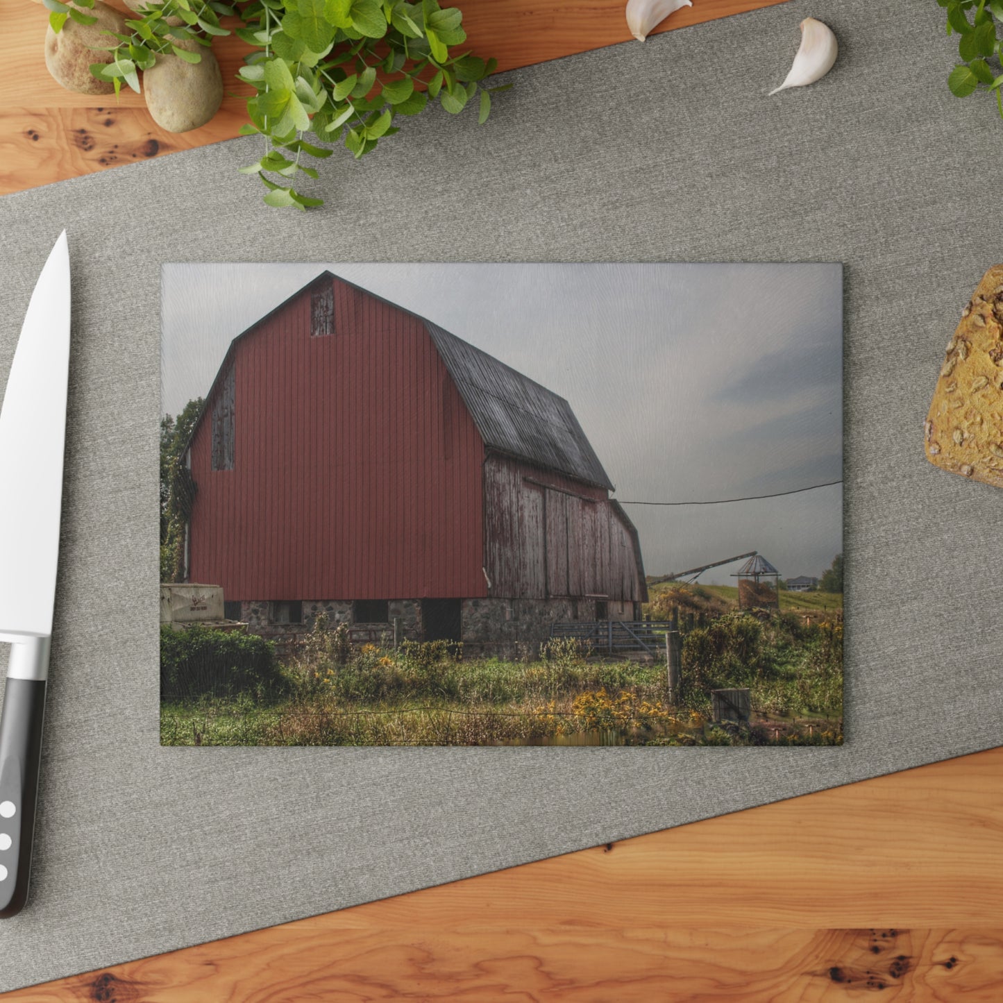 U R There Photography Roadside Stone Red Rustic Farmhouse Tempered-Glass Cutting Board