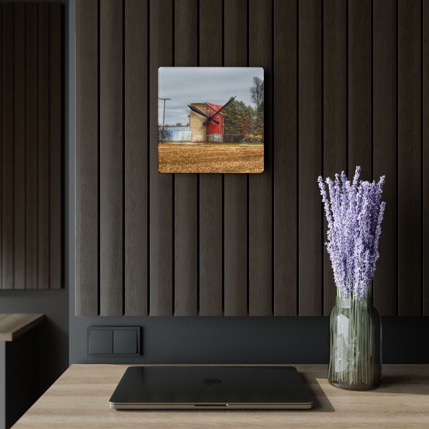 U R There Photography Laur Road Red Among the Pines I Rustic Farmhouse Acrylic Analog Wall Clock