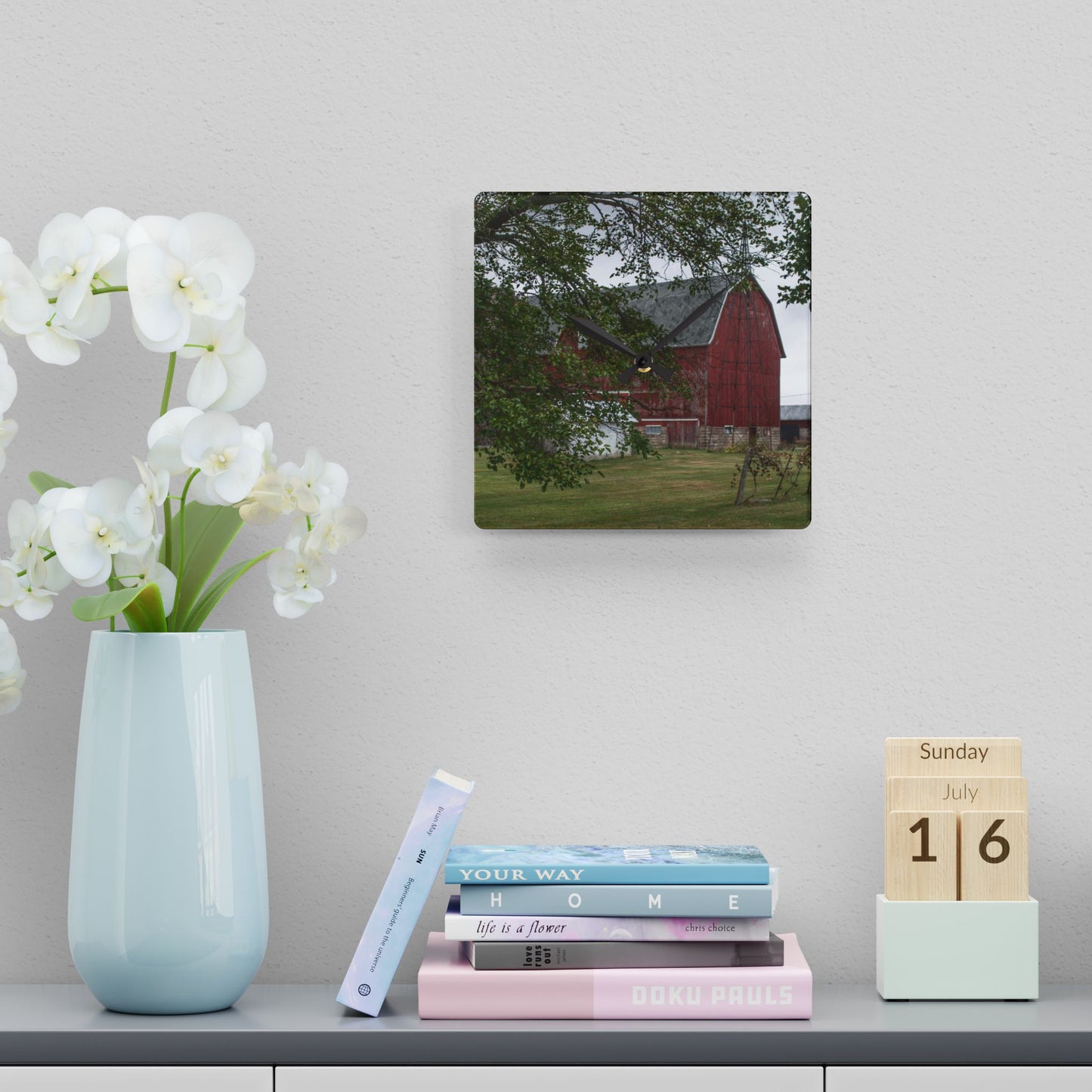 U R There Photography Weaver Road Red I Rustic Farmhouse Acrylic Analog Wall Clock
